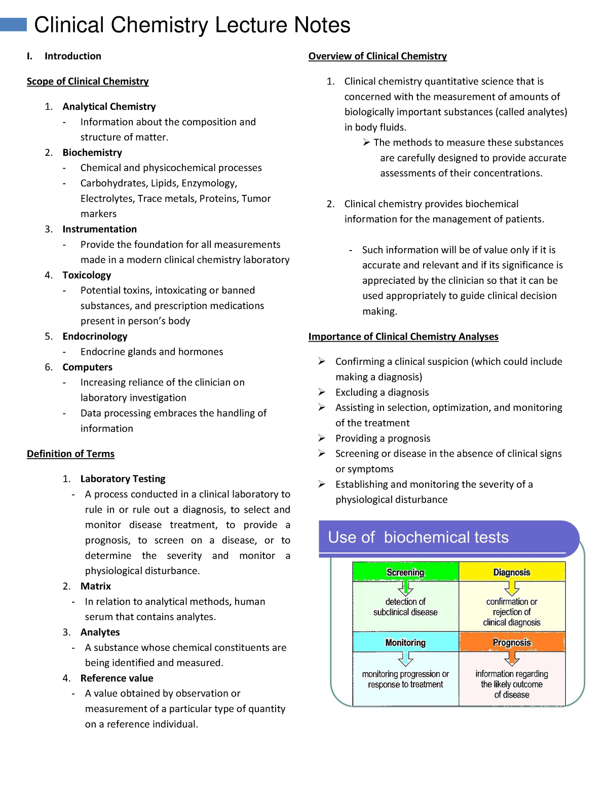 Clin-chem-lec-notes-1 compress - I. Introduction Scope of Clinical ...