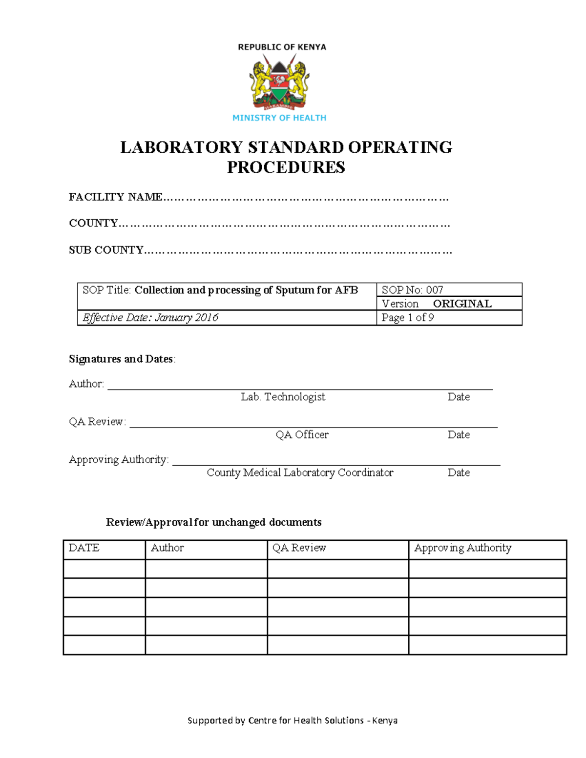 Collection and processing of sputum for AFB LABORATORY STANDARD OPERATING PROCEDURES FACILITY