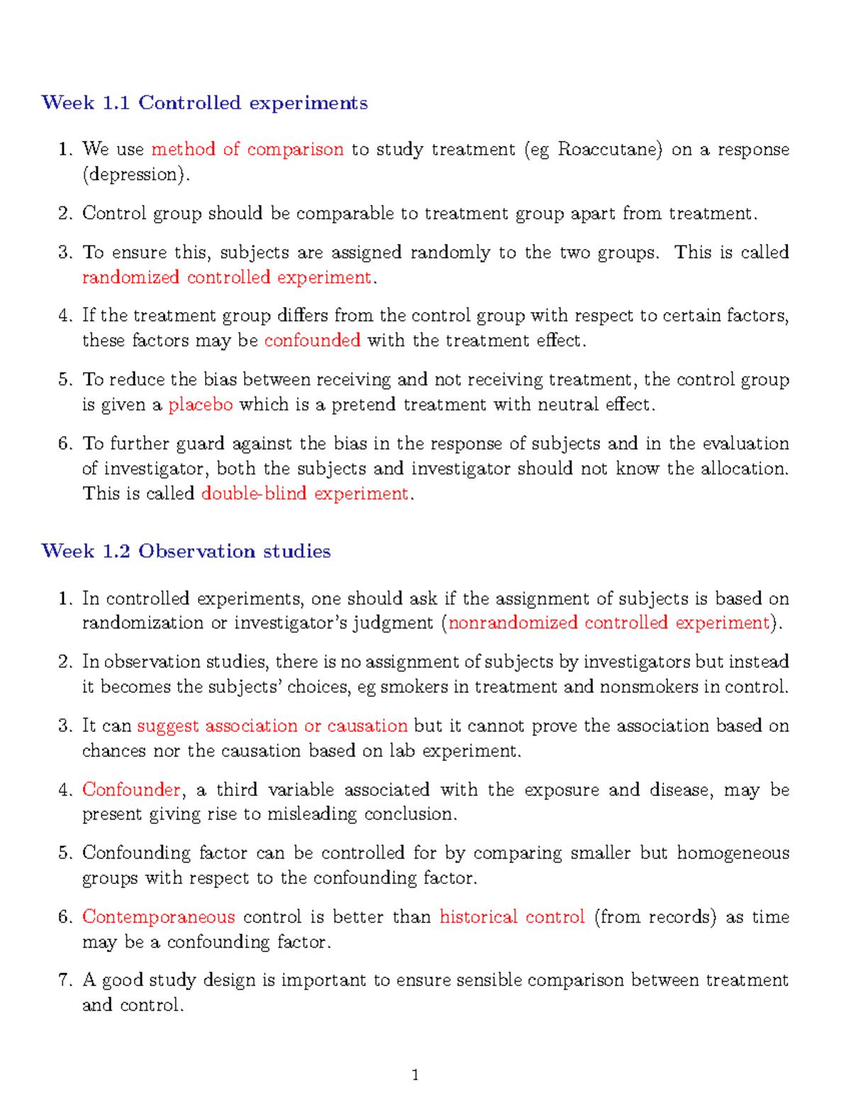 MATH1005 W1Lecture Summary - Week 1 Controlled experiments 1. We use ...