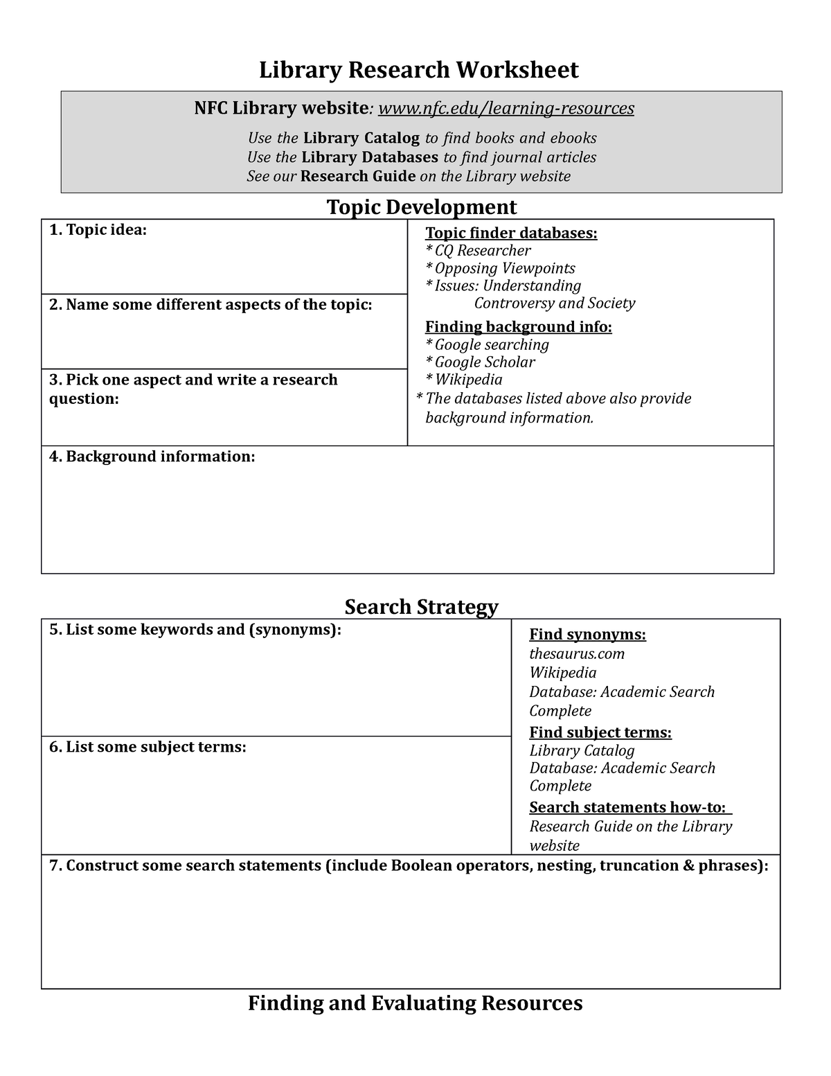 Library Research Worksheet Library Research Worksheet Topic