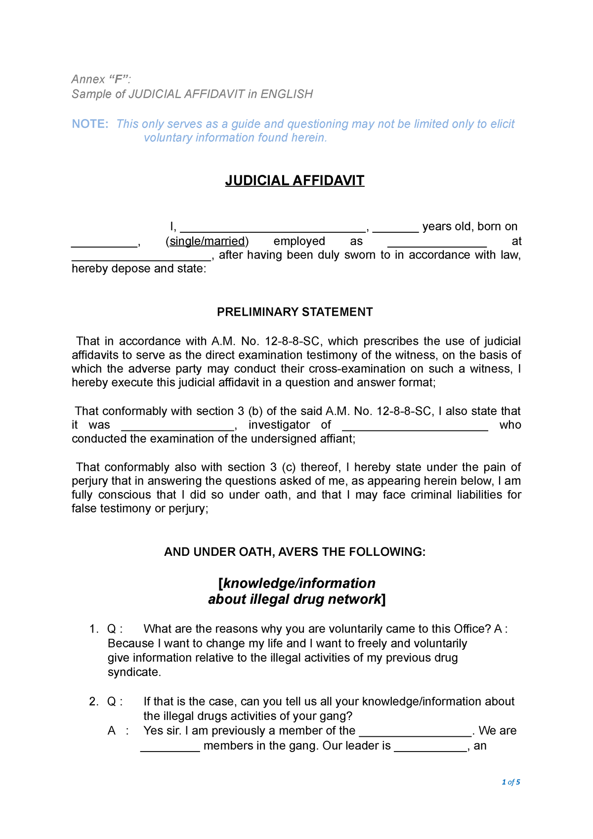 Judicial Affidavit English - Annex “F” : Sample of JUDICIAL AFFIDAVIT ...