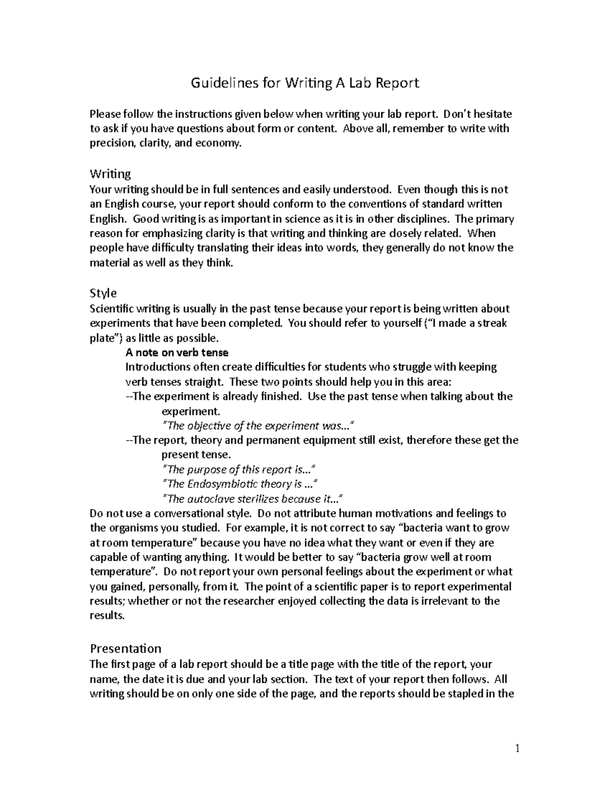 Guidelines for Writing a Lab Report - Guidelines for Writing A Lab ...