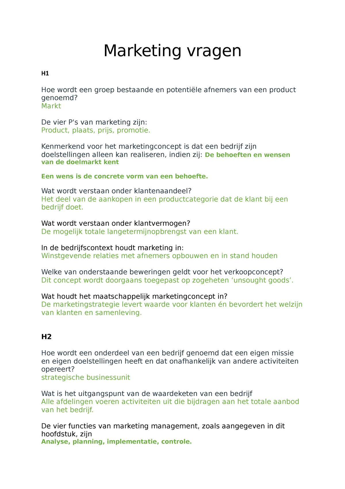 Marketing Vragen - Alle Tussentijdse Testen - Marketing Management ...