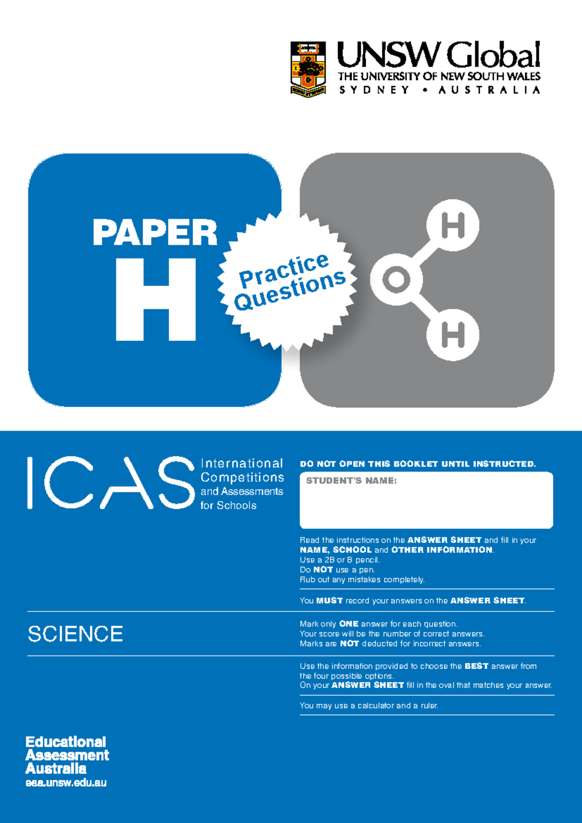Science paper h practice - H PAPER DO NOT OPEN THIS BOOKLET UNTIL ...