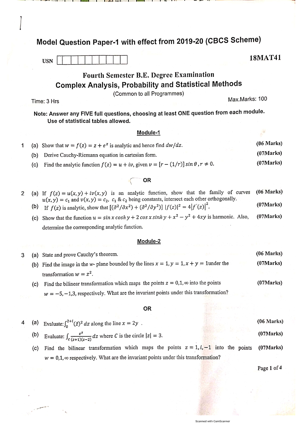 18MAT41 Model QP 1 With Solution ABP - Engineering Mathematics - Studocu