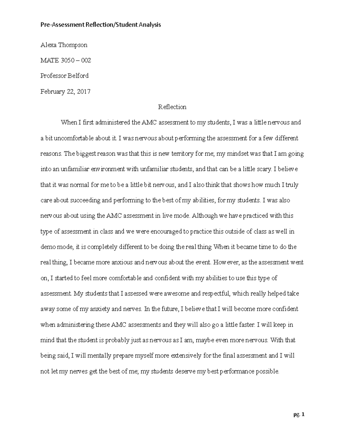 Pre-Assessment Reflection:Student Analysis - Analysis Alexa Thompson ...