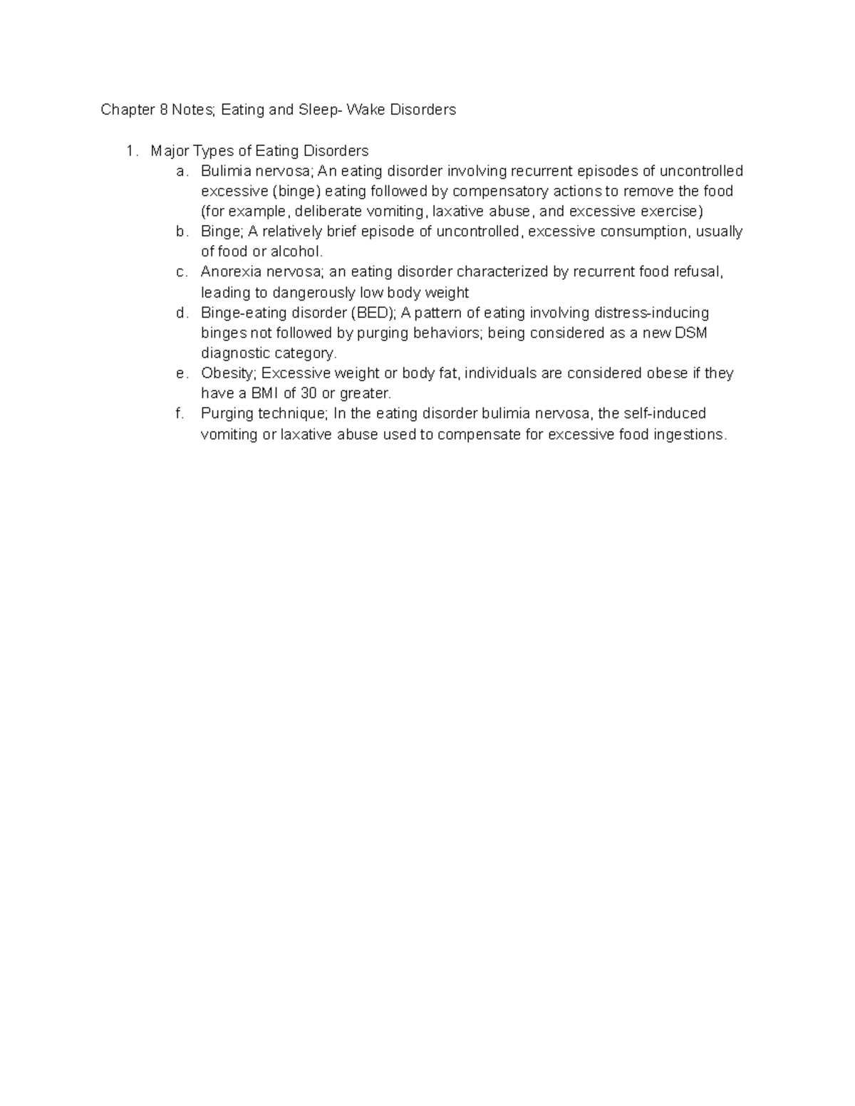 Abnormal Psych Chapter 8 Notes - Chapter 8 Notes; Eating and Sleep ...