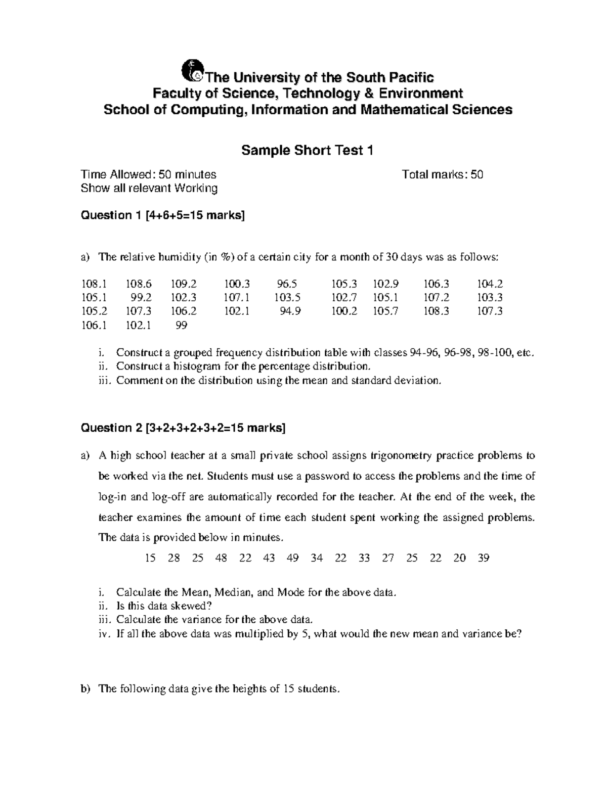 Sample For ST130 Test 1 1 15 - TThhee UUnniivveerrssiittyy Ooff Tthhee ...