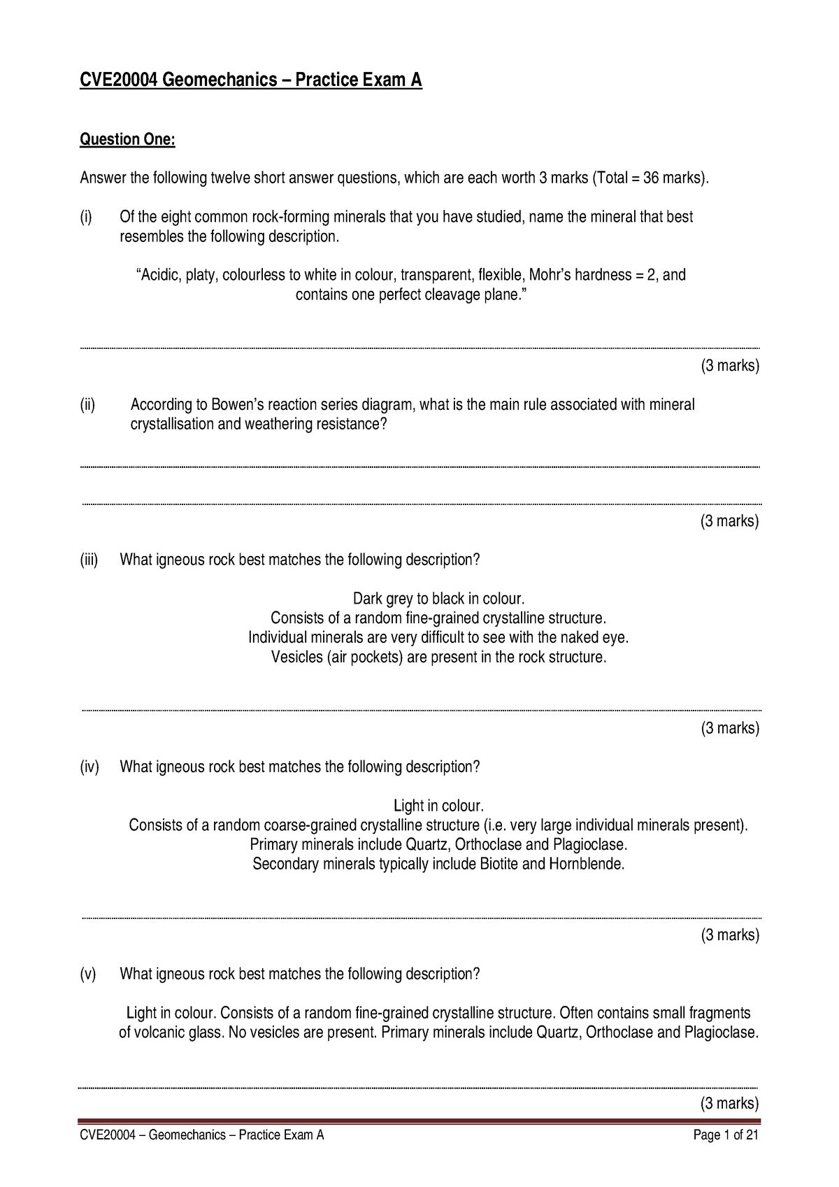 CVE2000 4 - Practice Exam A - 2019 - 01 Paper - CVE20004 Geomechanics ...