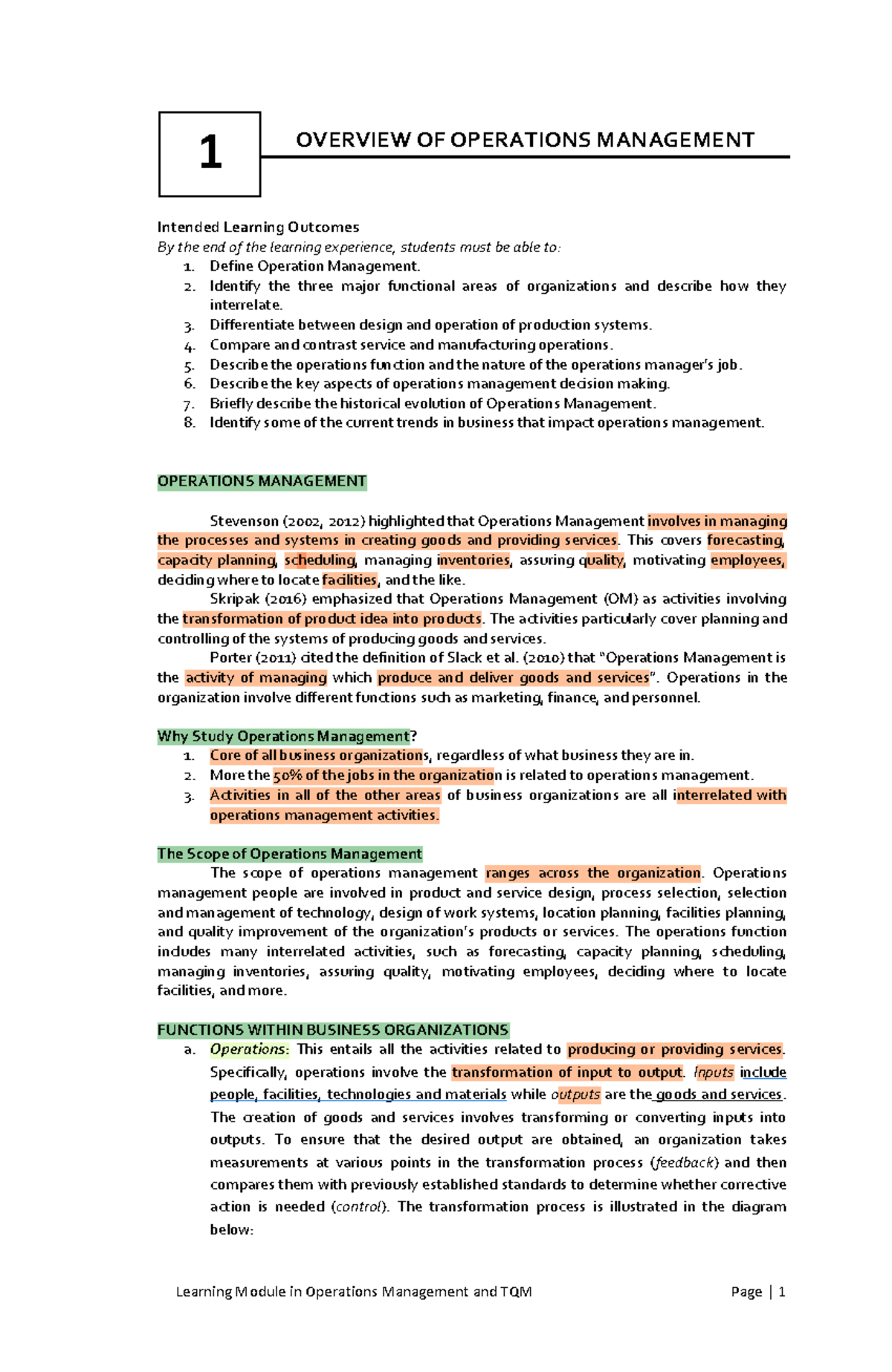 operation Management TQM chapter 1 - OVERVIEW OF OPERATIONS MANAGEMENT ...