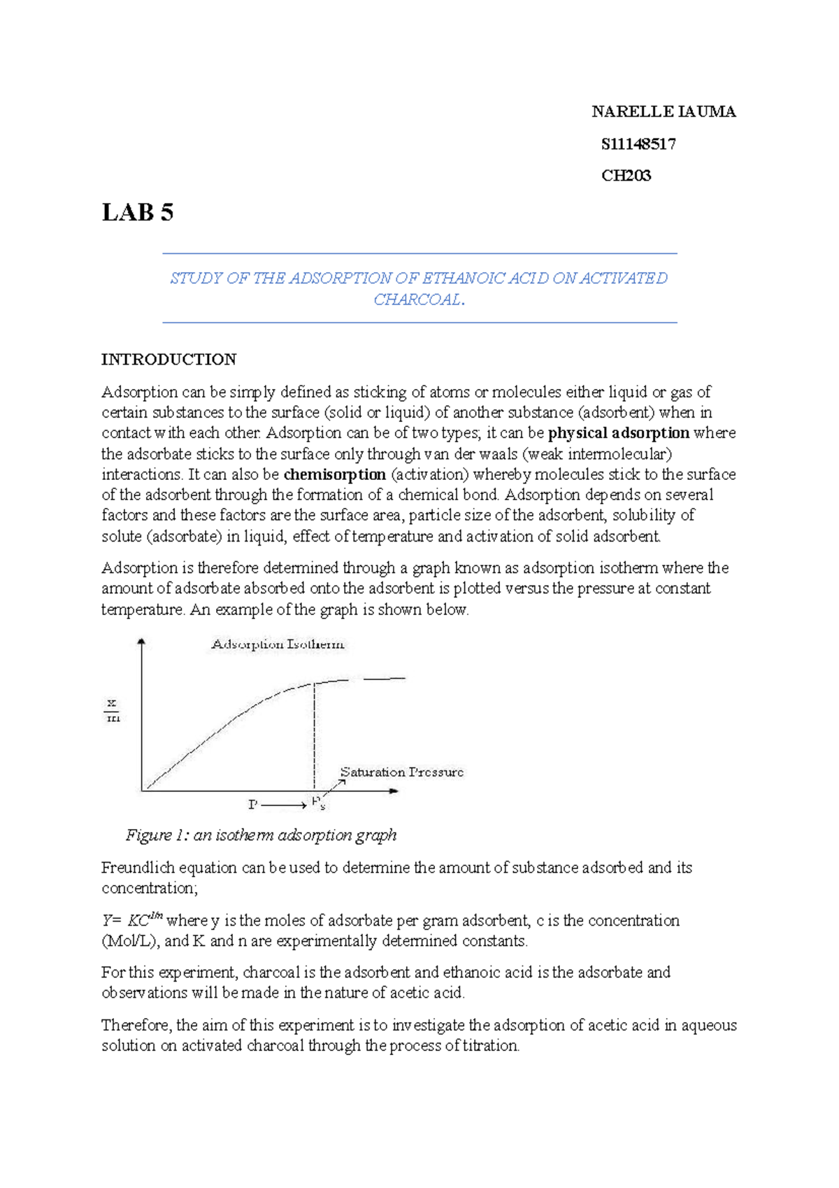 EXPERIMENT 5 ADSORPTION OF ETHANOIC ACID ON CHARCOAL
