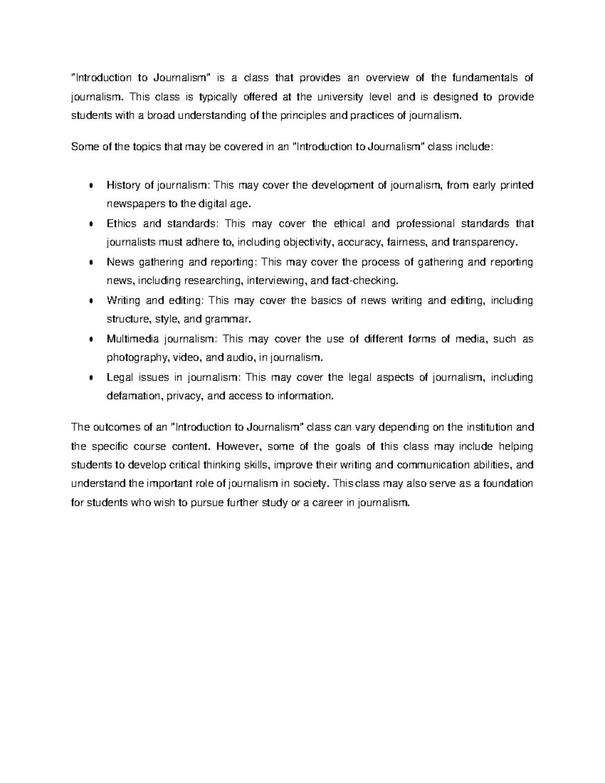 Journalism Class Material Topics, Part 1 "Introduction to Journalism