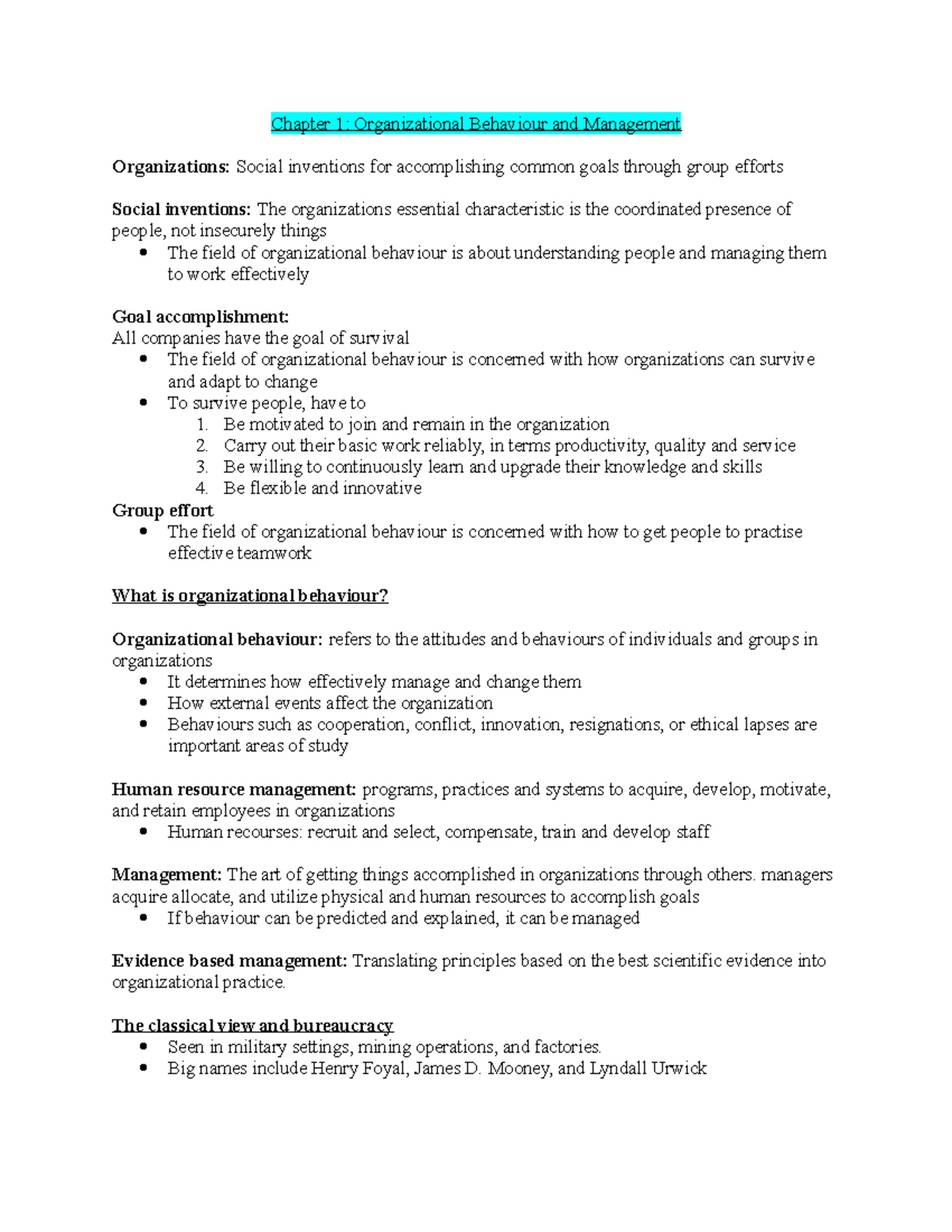 Chapter 1 notes - Chapter 1: Organizational Behaviour and Management ...