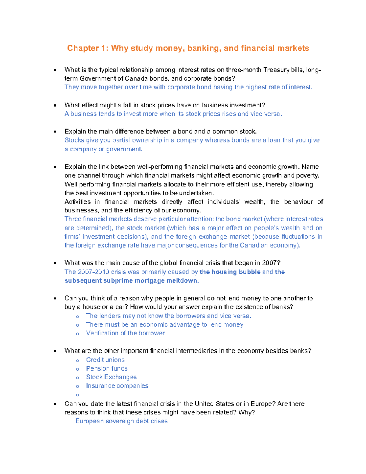 FIN2339 Ch1 Questions Chapter 1 Why study money, banking, and