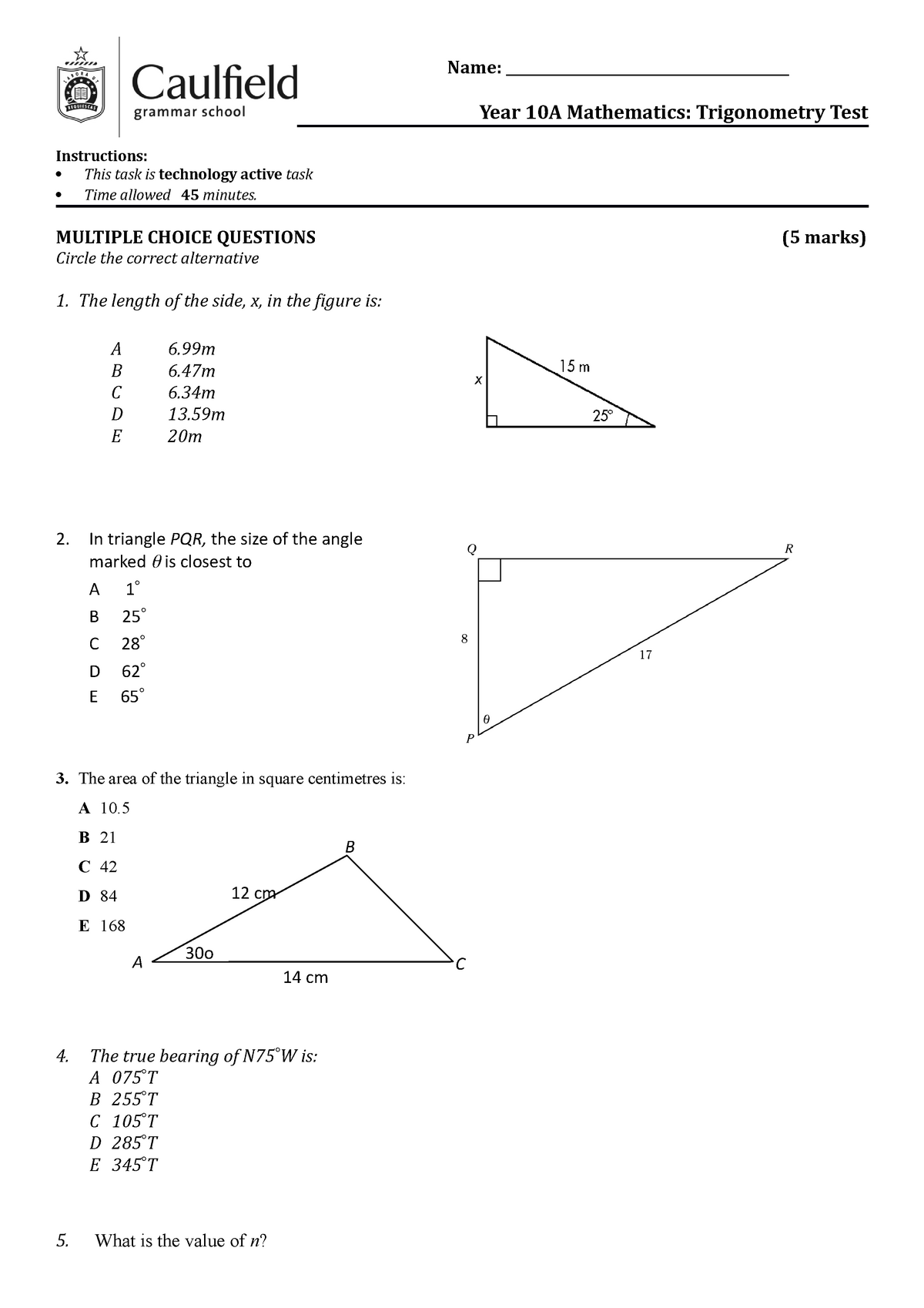 2014 Trigonometry Test - Name ...