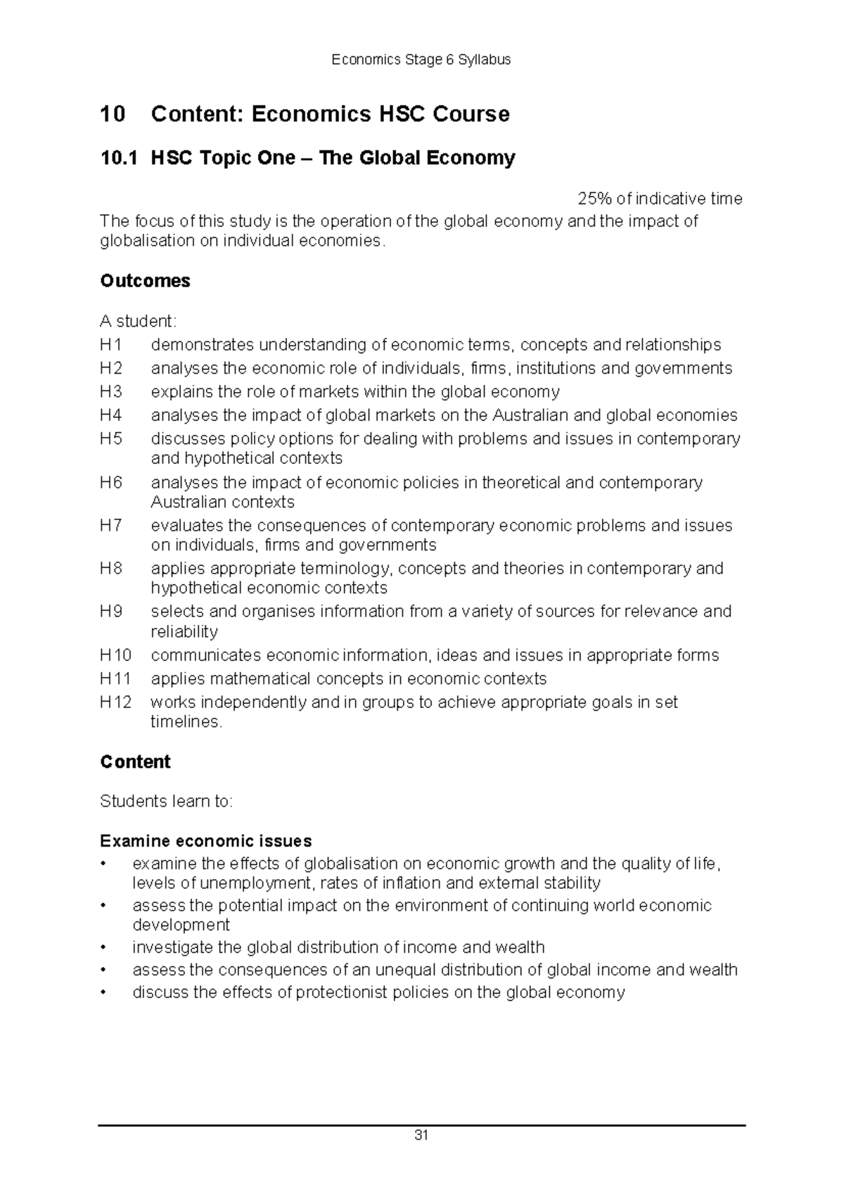 Economics Stage 6 Syllabus 10 Content Economics HSC Course 10 HSC