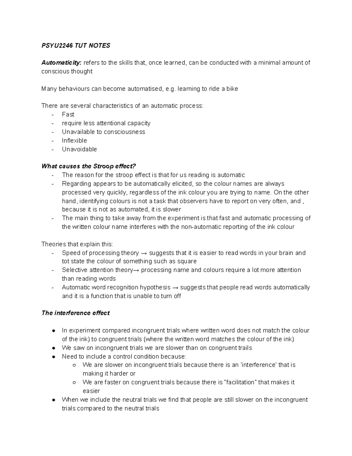 PSYU2246 TUT Notes - PSYU2246 TUT NOTES Automaticity: refers to the ...