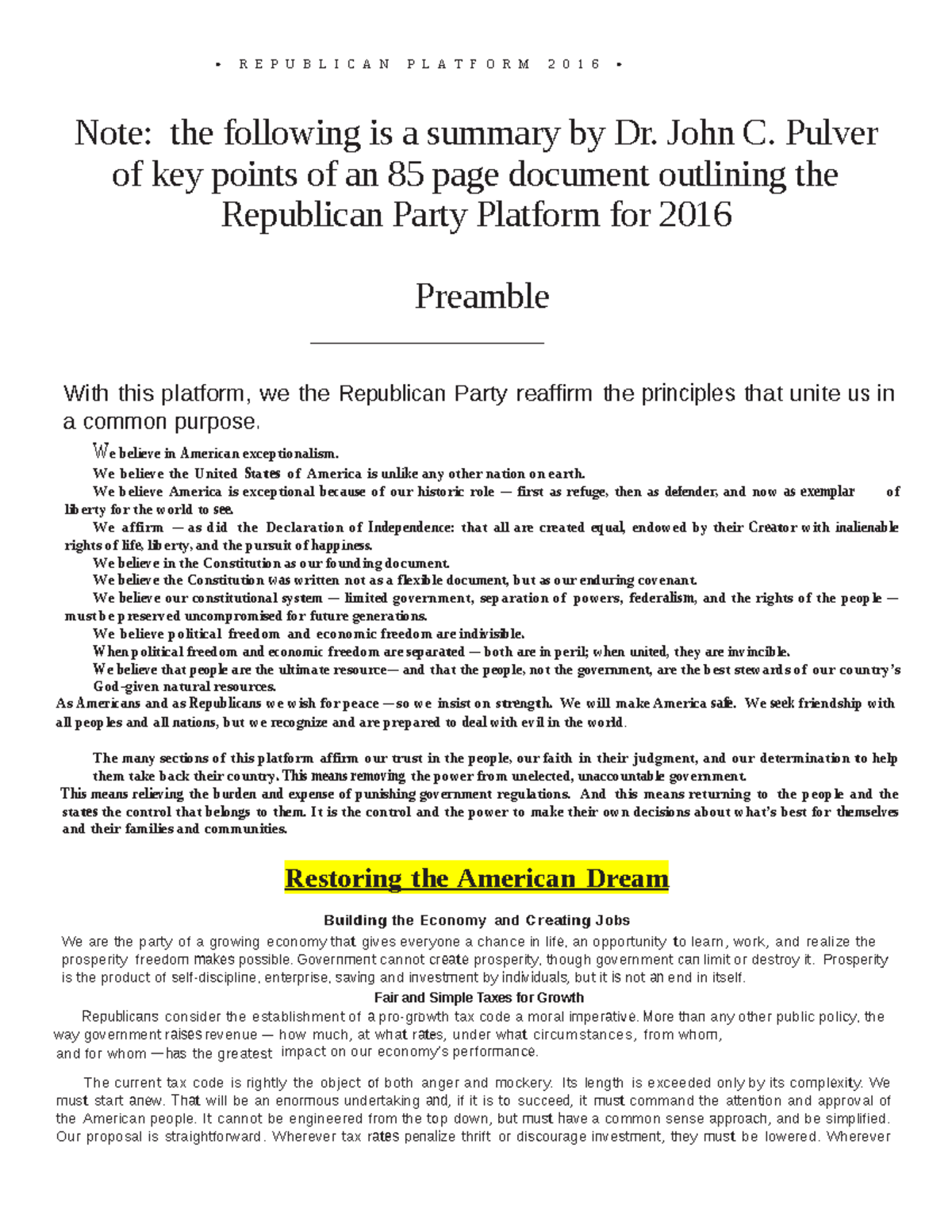 Republican Party Platform 2016 summary - Note: the following is a ...