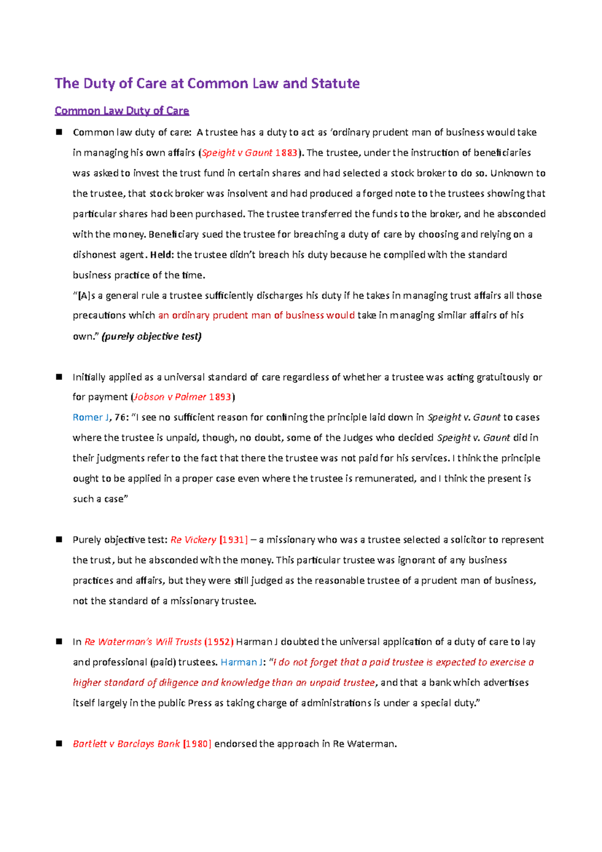 Trustees Duties and Breach The Duty of Care at Common Law and