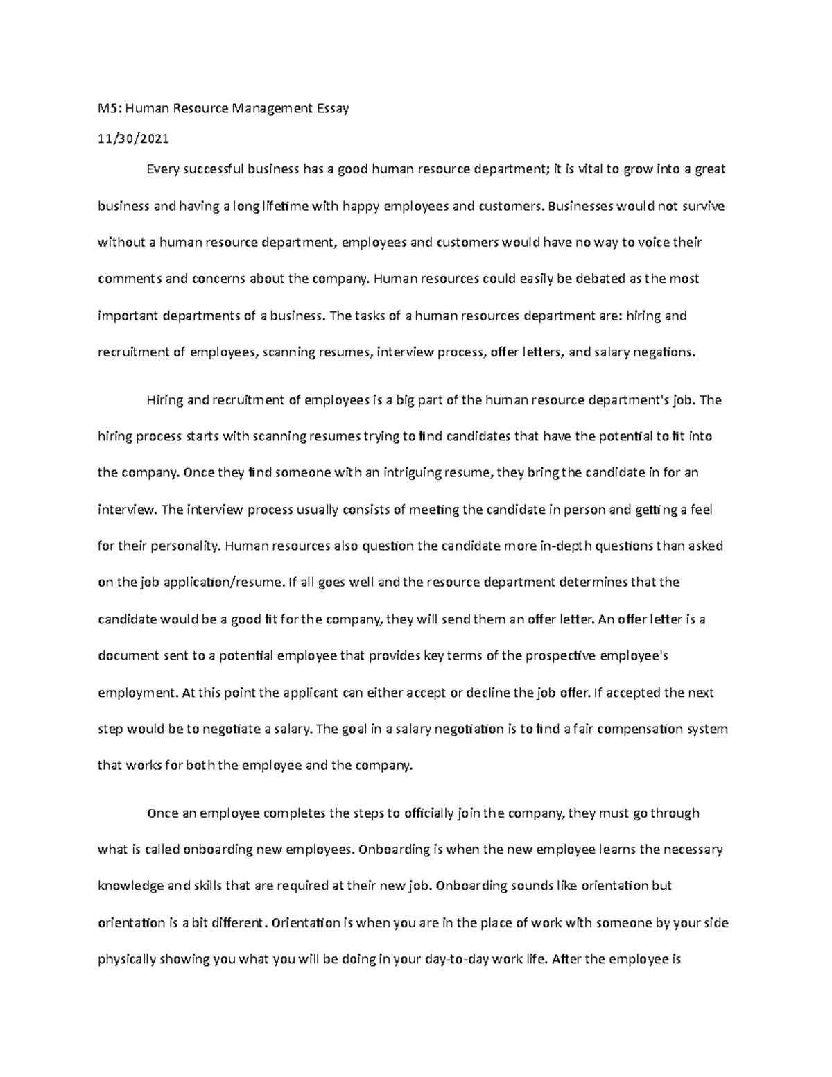 M5 Human Resource Managment Essay - M5: Human Resource Management Essay 