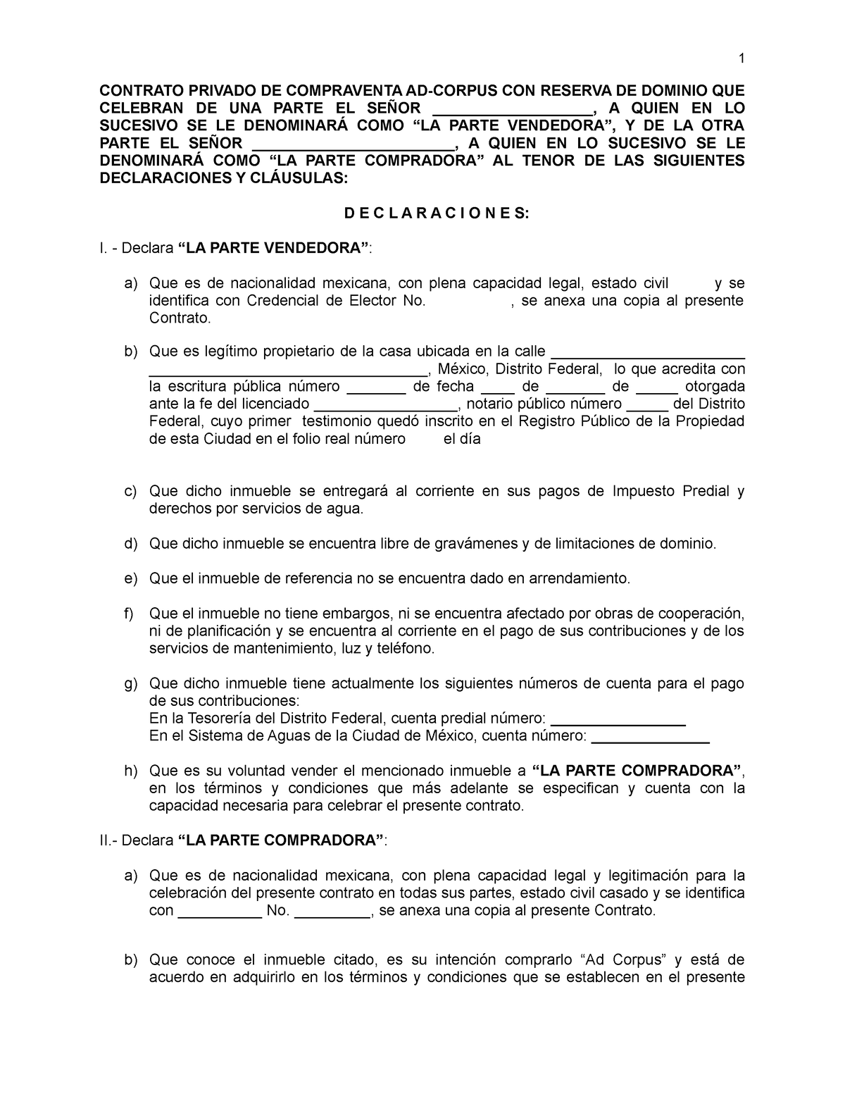 Formato Contrato Promeso Compra Venta - CONTRATO PRIVADO DE COMPRAVENTA  AD-CORPUS CON RESERVA DE - Studocu