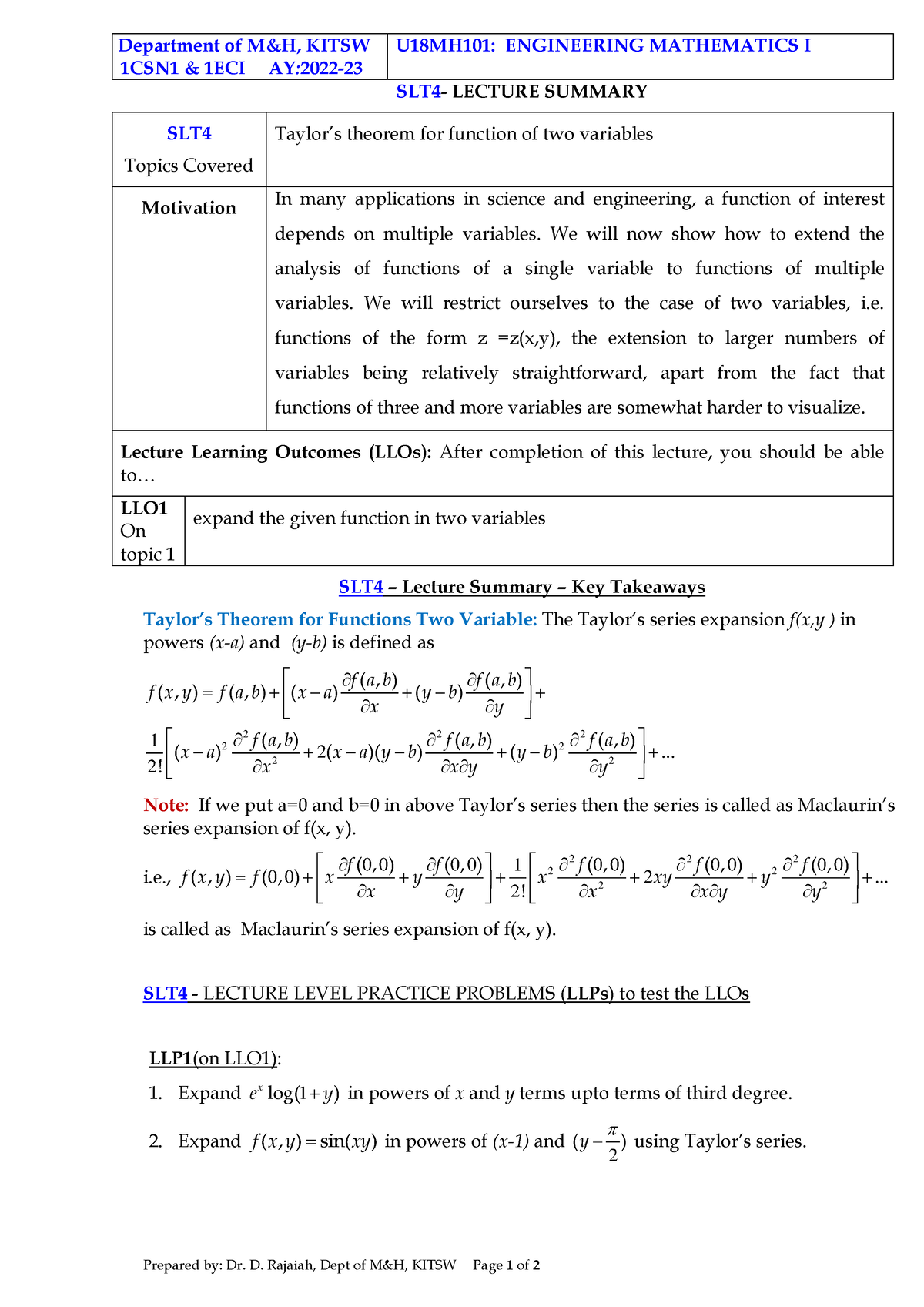 Taylor Series In Two Variables - Department Of M&H, KITSW 1CSN1 & 1ECI ...