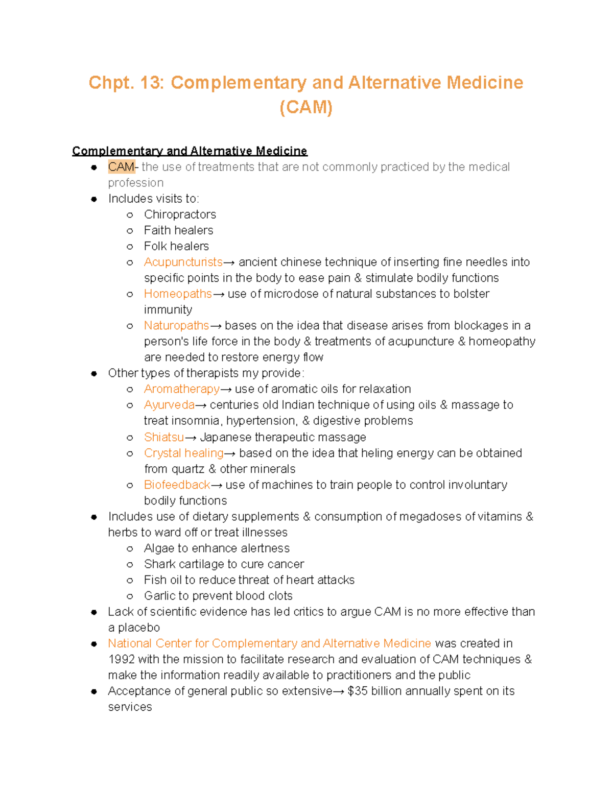 Chpt. 13 notes - Chpt. 13: Complementary and Alternative Medicine (CAM ...