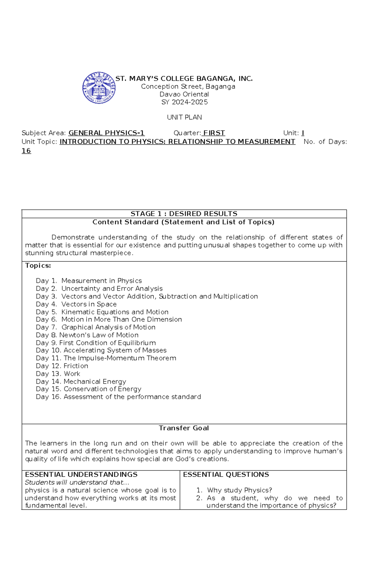 Unit Plan for the General Physics Subject for the school year 2024-2025 ...