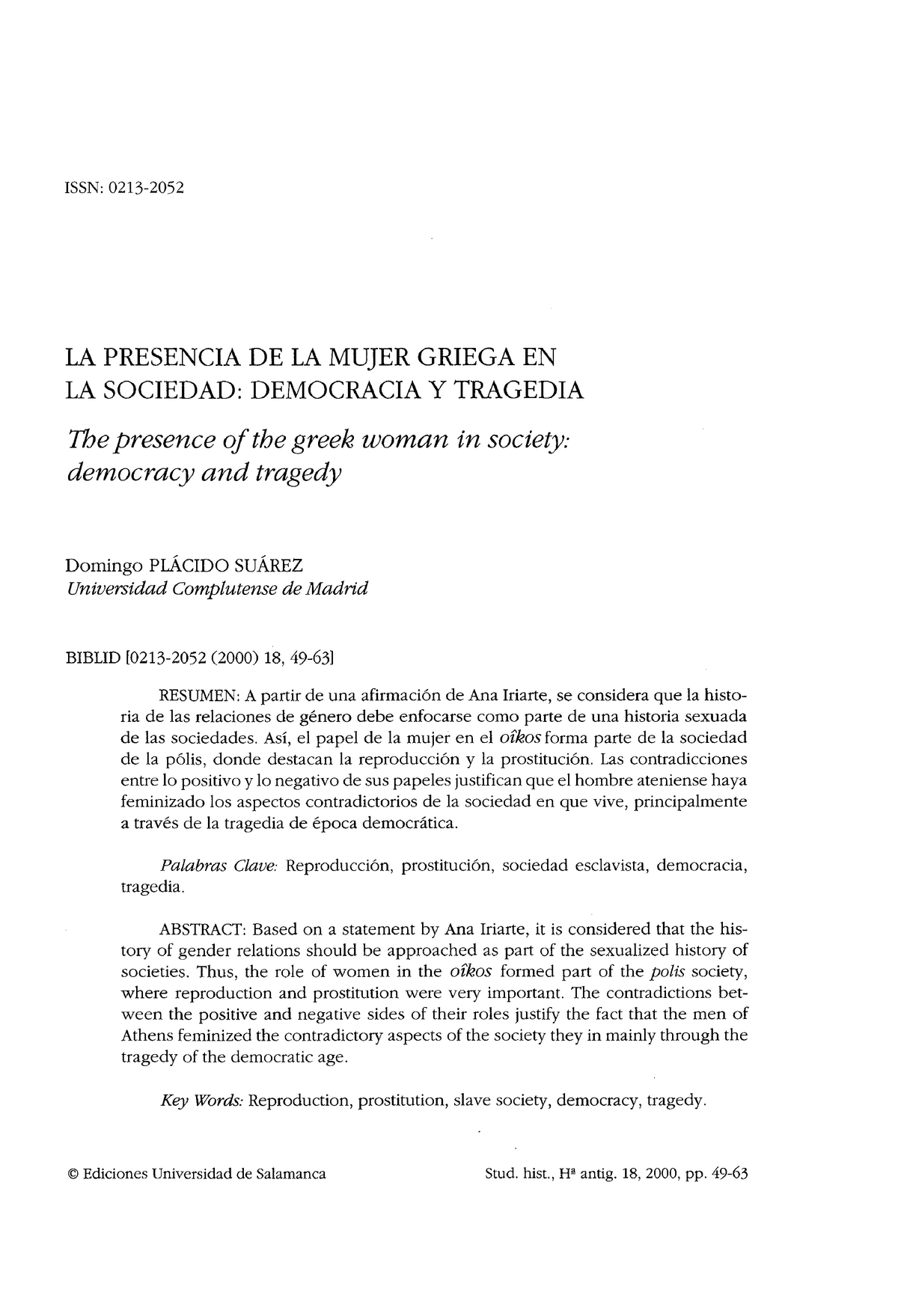 La Presencia De La Mujer Griega En La Sociedad Domingo Plácido Suárez Issn 0213 2052 La