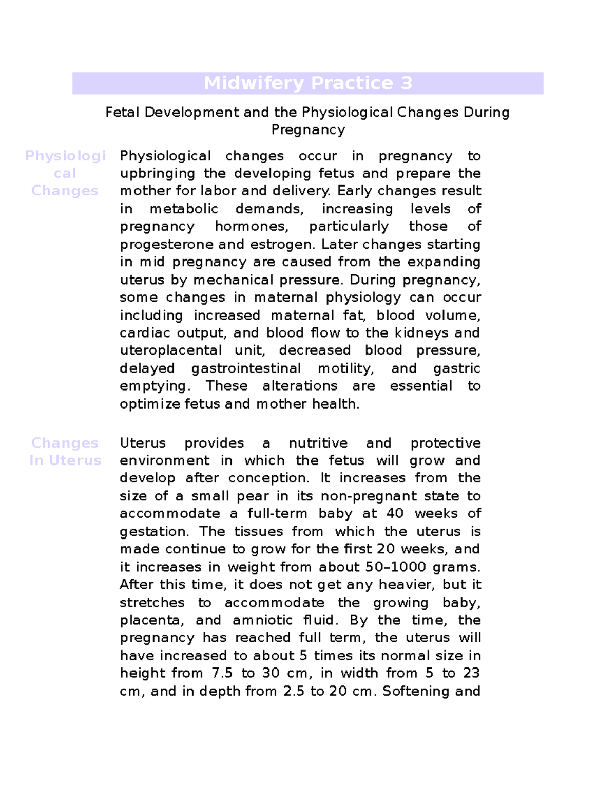 Fetal Development And The Physiological Changes During Pregnancy ...