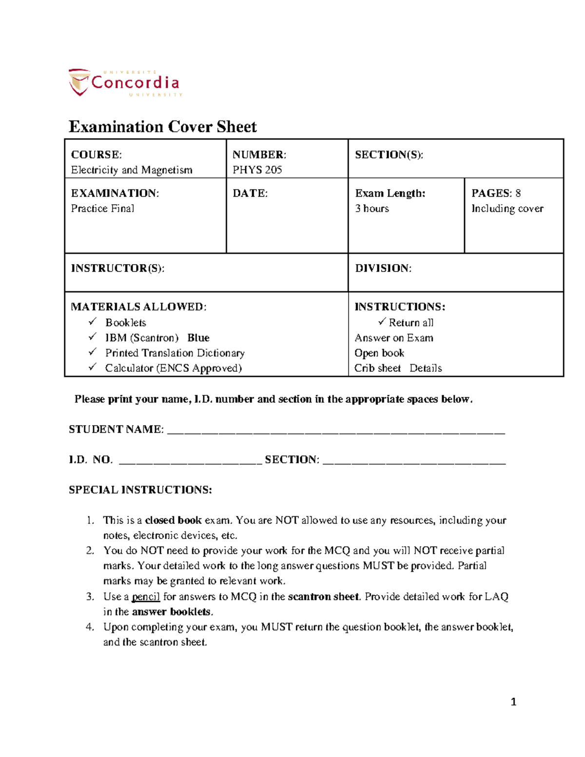 PHYS 205-Practice Final-3h - Examination Cover Sheet COURSE ...