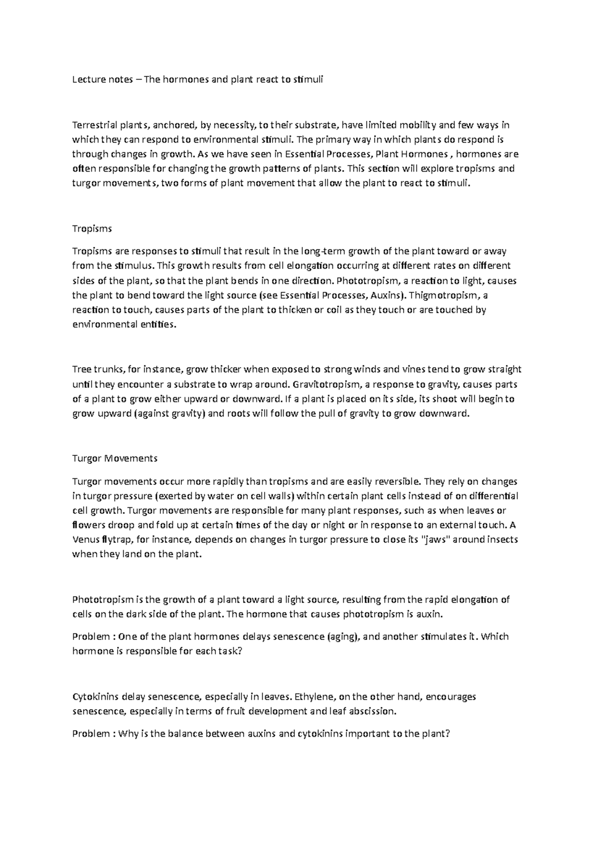 Lecture notes The hormones and plant react to stimuli The primary