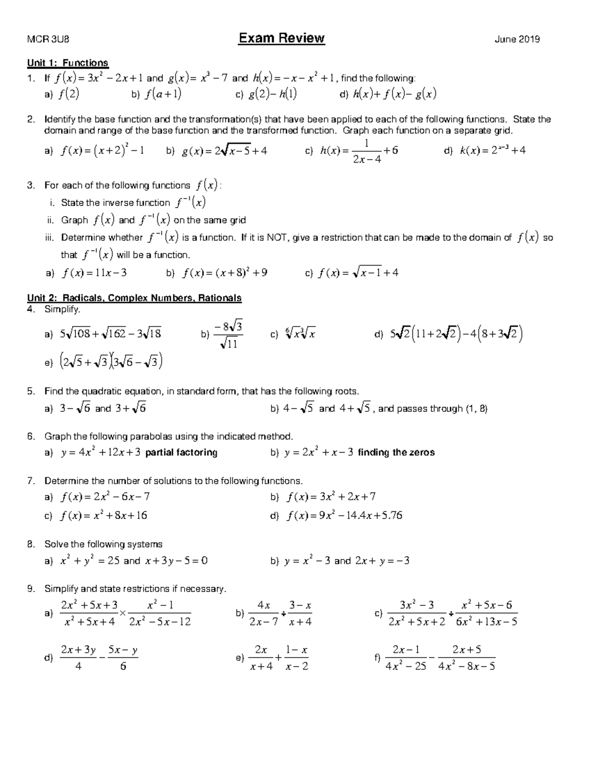 1 - Exam Review June 2019 - MCR 3U8 Exam Review June 2019 Unit 1 ...