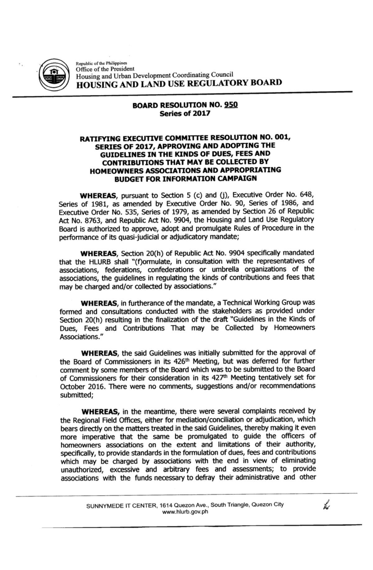 HLURB Executive Resolution Ratifying Exec. Committe Reso No. 001 Series ...