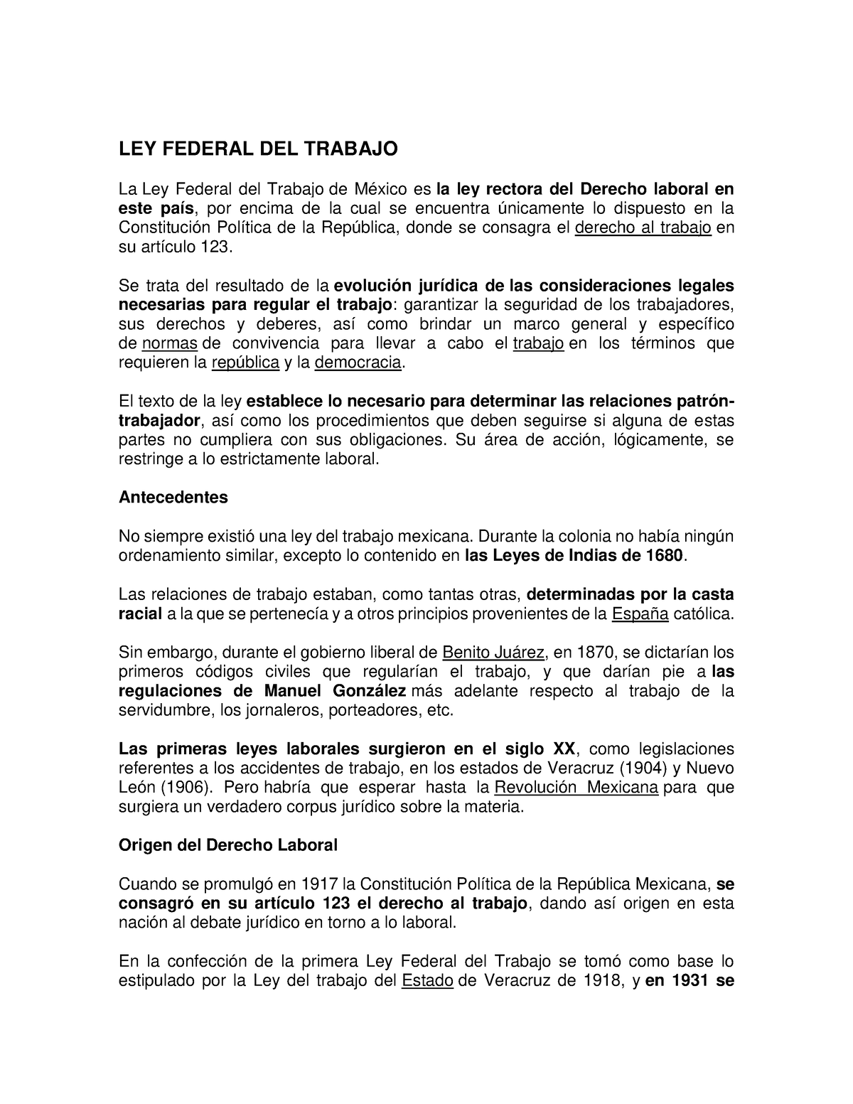 LEY Federal DEL Trabajo - LEY FEDERAL DEL TRABAJO La Ley Federal Del ...