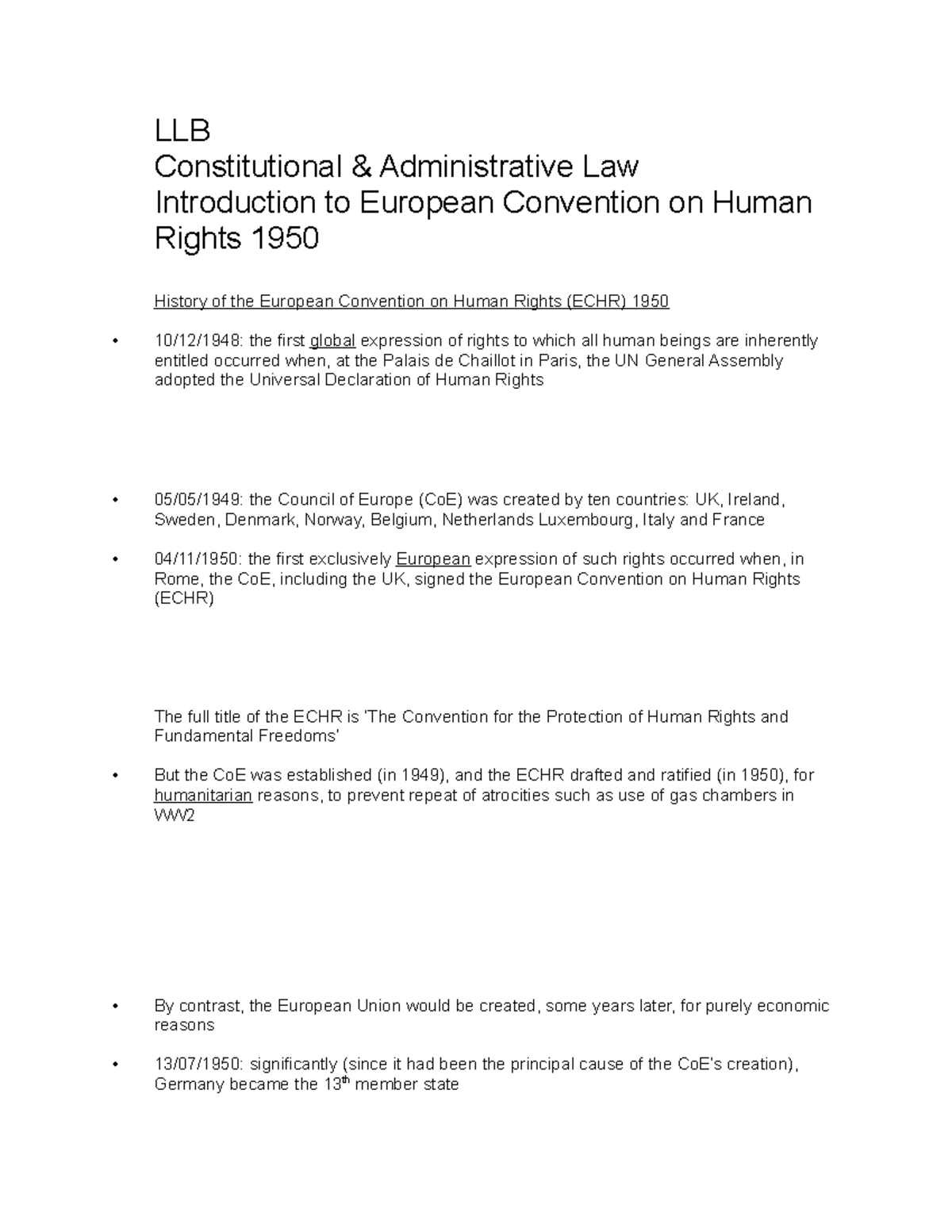 Introduction to European Convention on Human Rights 1950 - LLB ...
