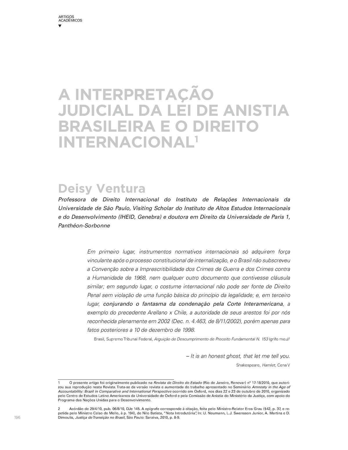 Anistia (stf E Internacional) - A INTERPRETAÇÃO JUDICIAL DA LEI DE ...