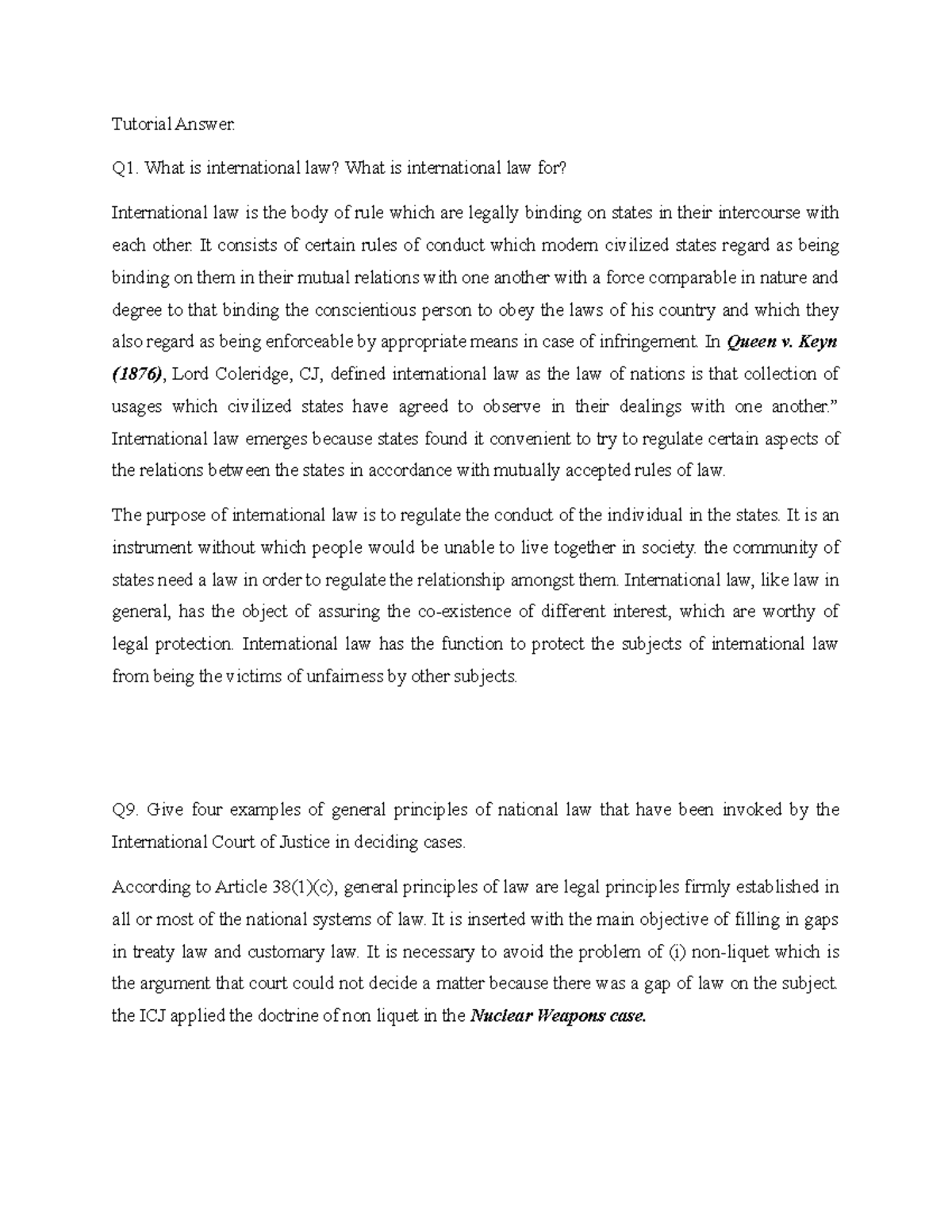 Tuto int law q1,9 - answer for 2 questions on tutorial - Tutorial ...