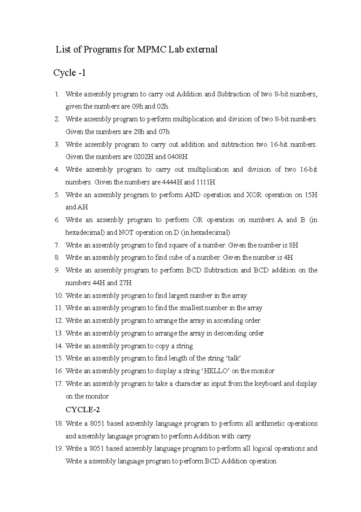 Lab external - List of Programs for MPMC Lab external Cycle - Write ...