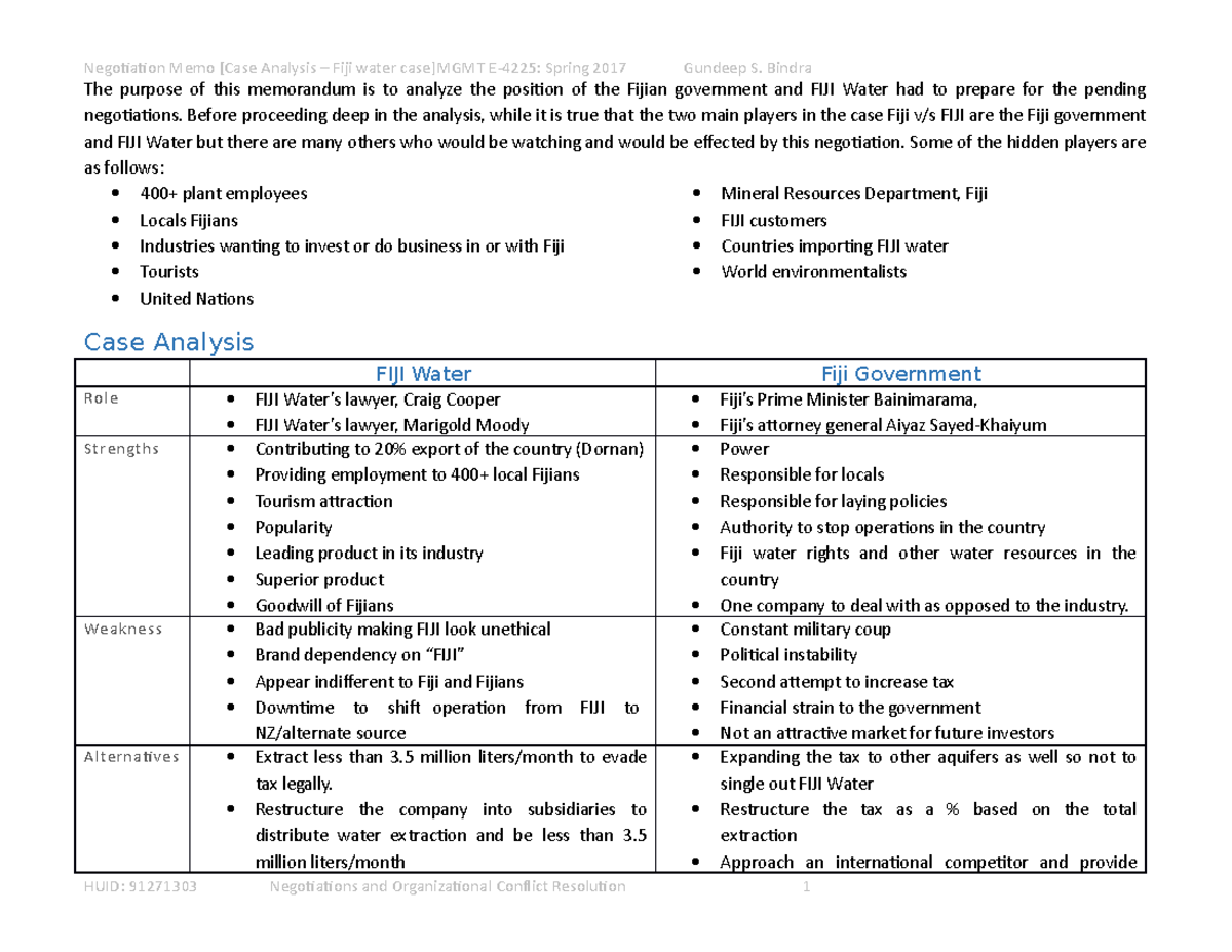Negotiation Memo [FijiFIJI Water case] gsb635 The purpose of this