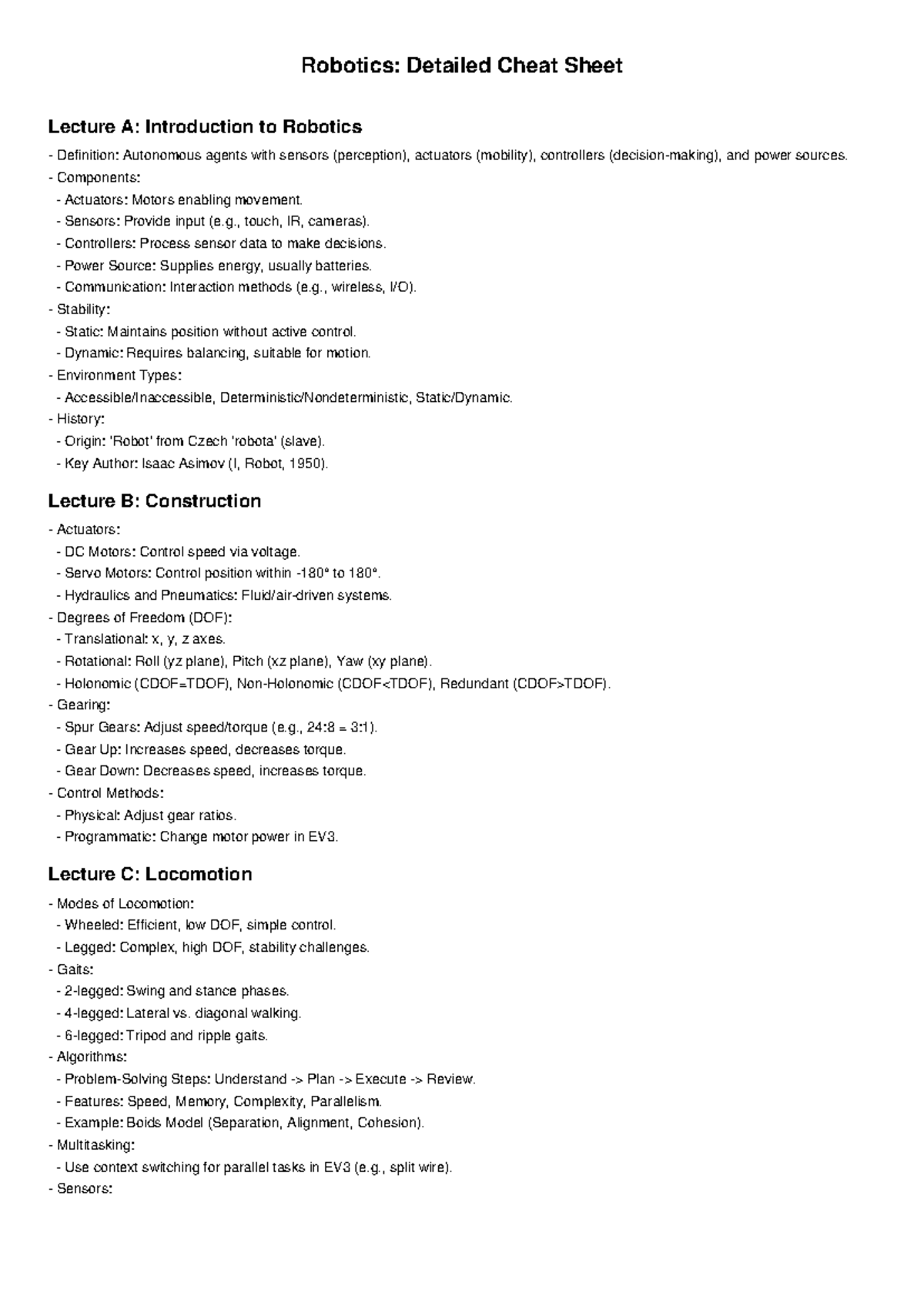 Detailed Robotics Cheat Sheet - Robotics: Detailed Cheat Sheet Lecture ...