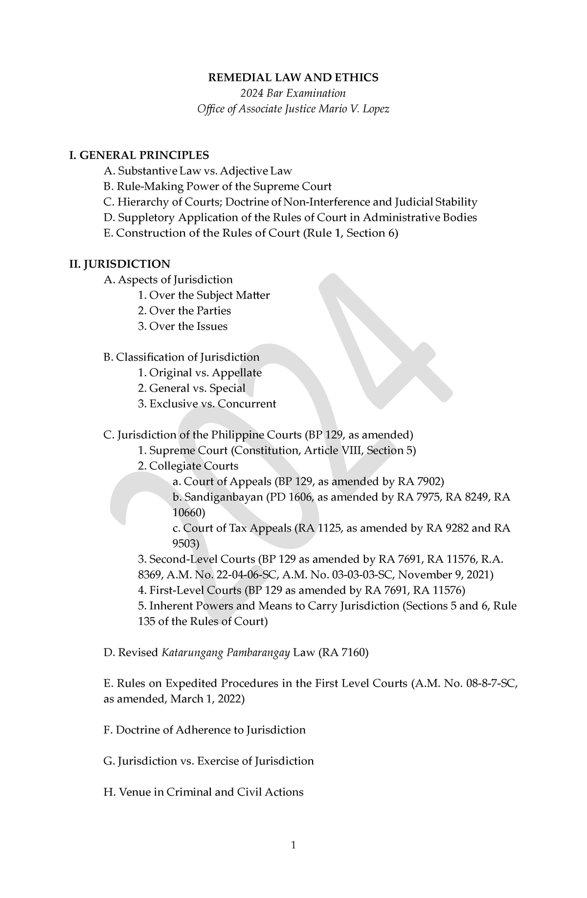 2024 Bar Syllabus Remedial Law and Ethics REMEDIAL LAW AND ETHICS