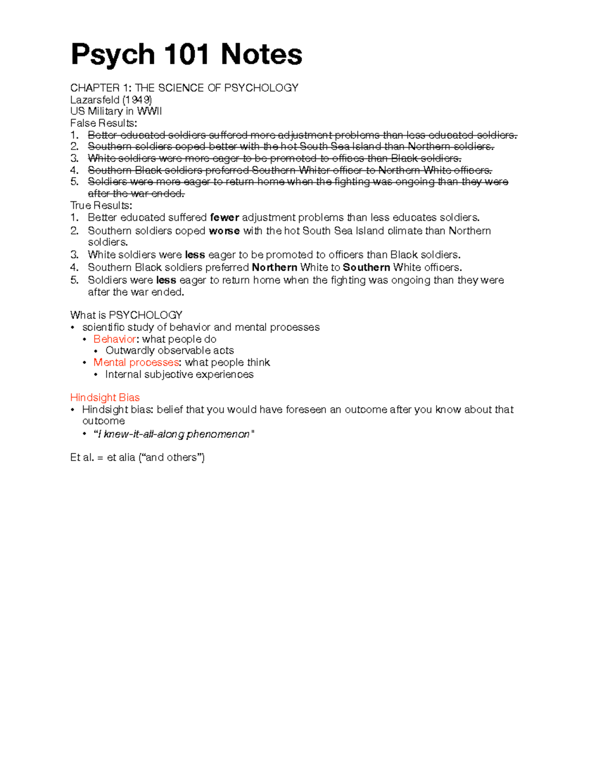 Chapter 1 Notes - UA Intro To Psychology w/ Professor Adam Lazarewicz ...
