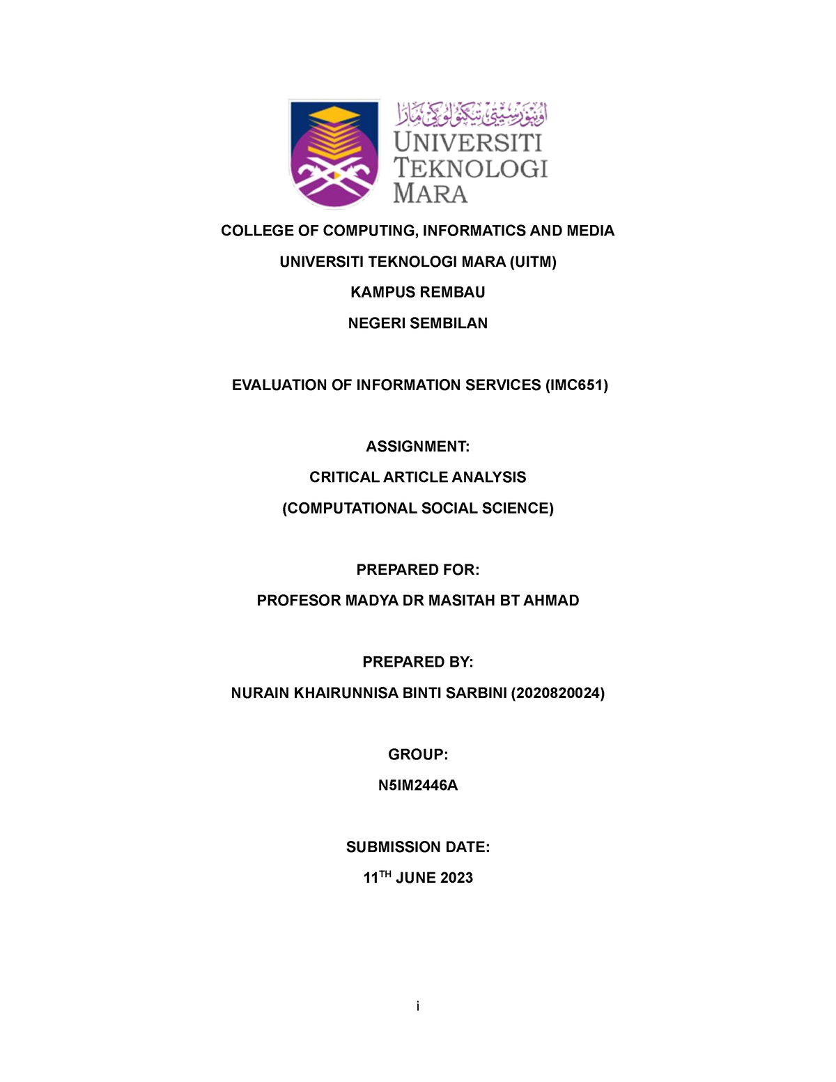 Article Review Imc651 - I College Of Computing, Informatics And Media 