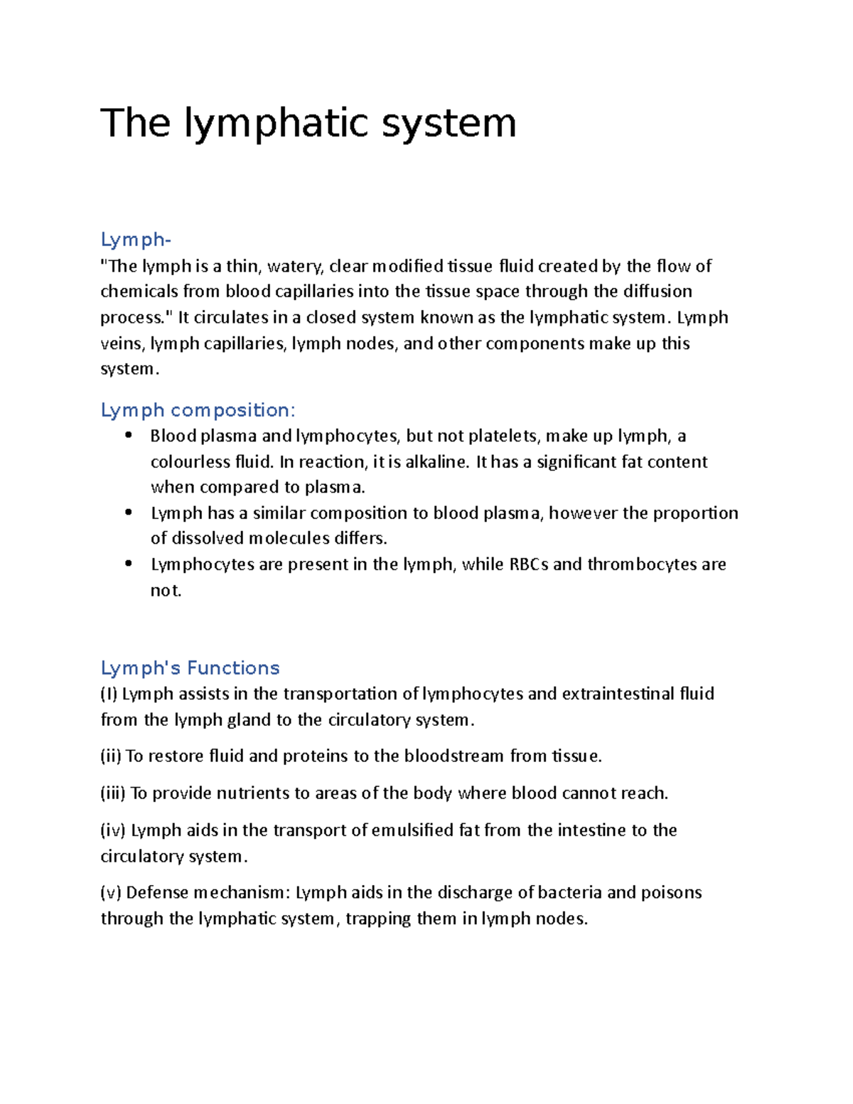 The lymphatic system - Lecture notes 11-12 - The lymphatic system Lymph ...