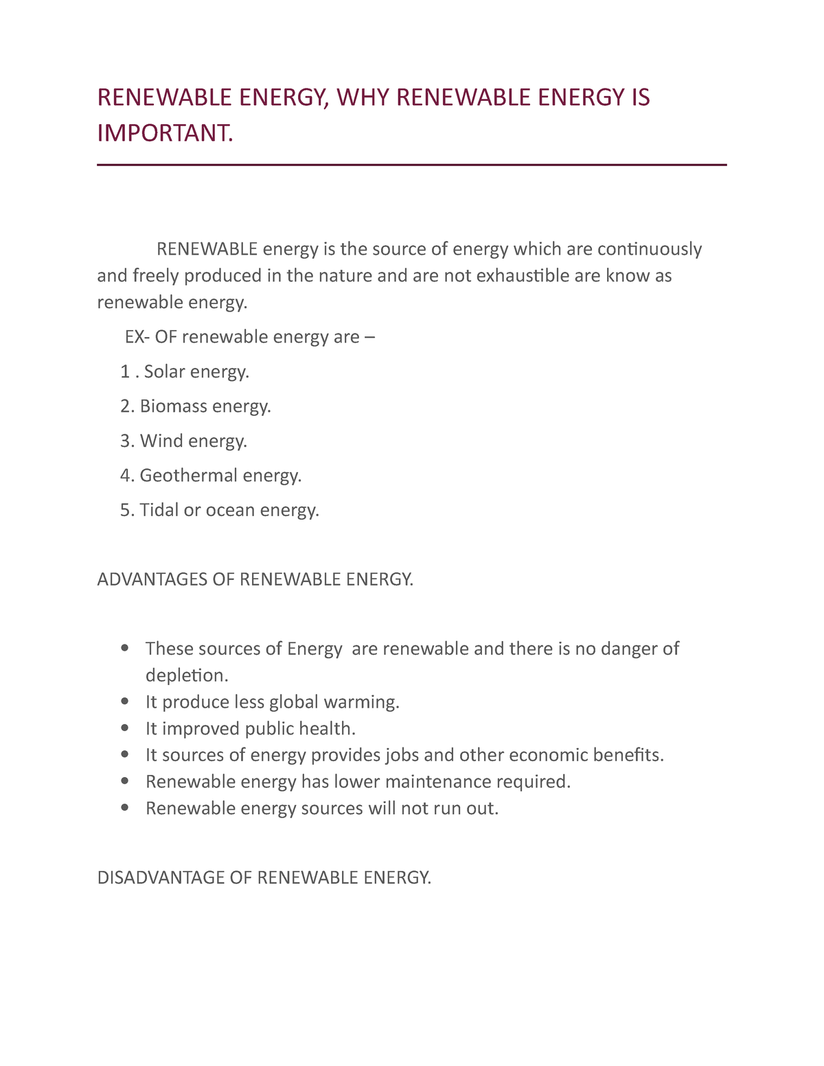 Renewable Energy Notes. - RENEWABLE ENERGY, WHY RENEWABLE ENERGY IS ...