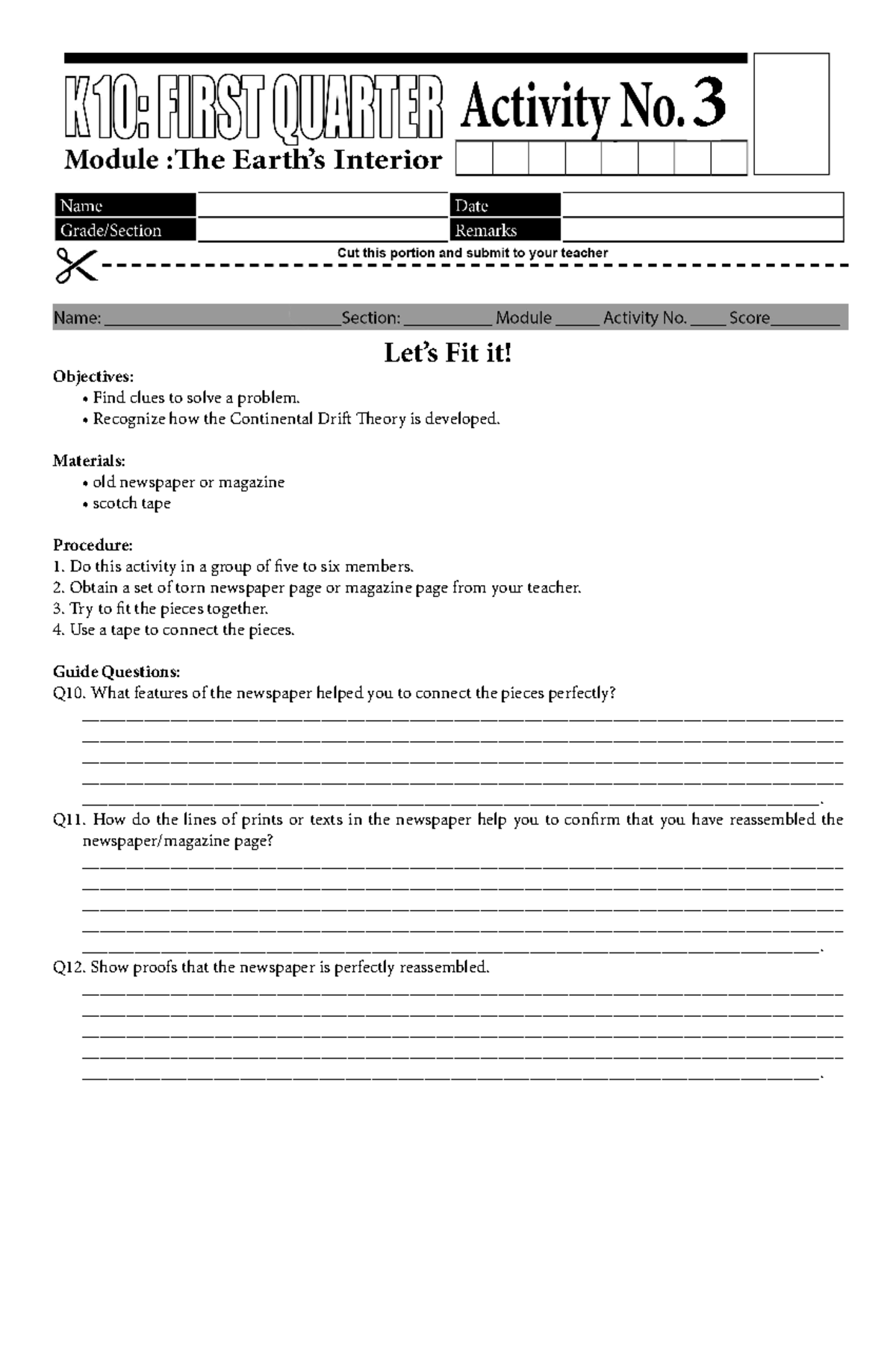 K10 Quarter 1 Module 2 Activity No. 3 - 3 : e Earth’s Interior Let’s ...