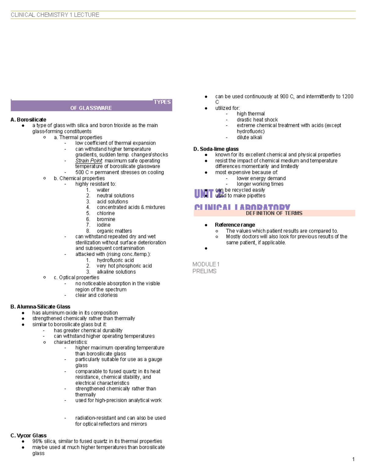 pstmls lecture notes - CLINICAL CHEMISTRY 1 LECTURE PRELIMS MODULE 1 ...