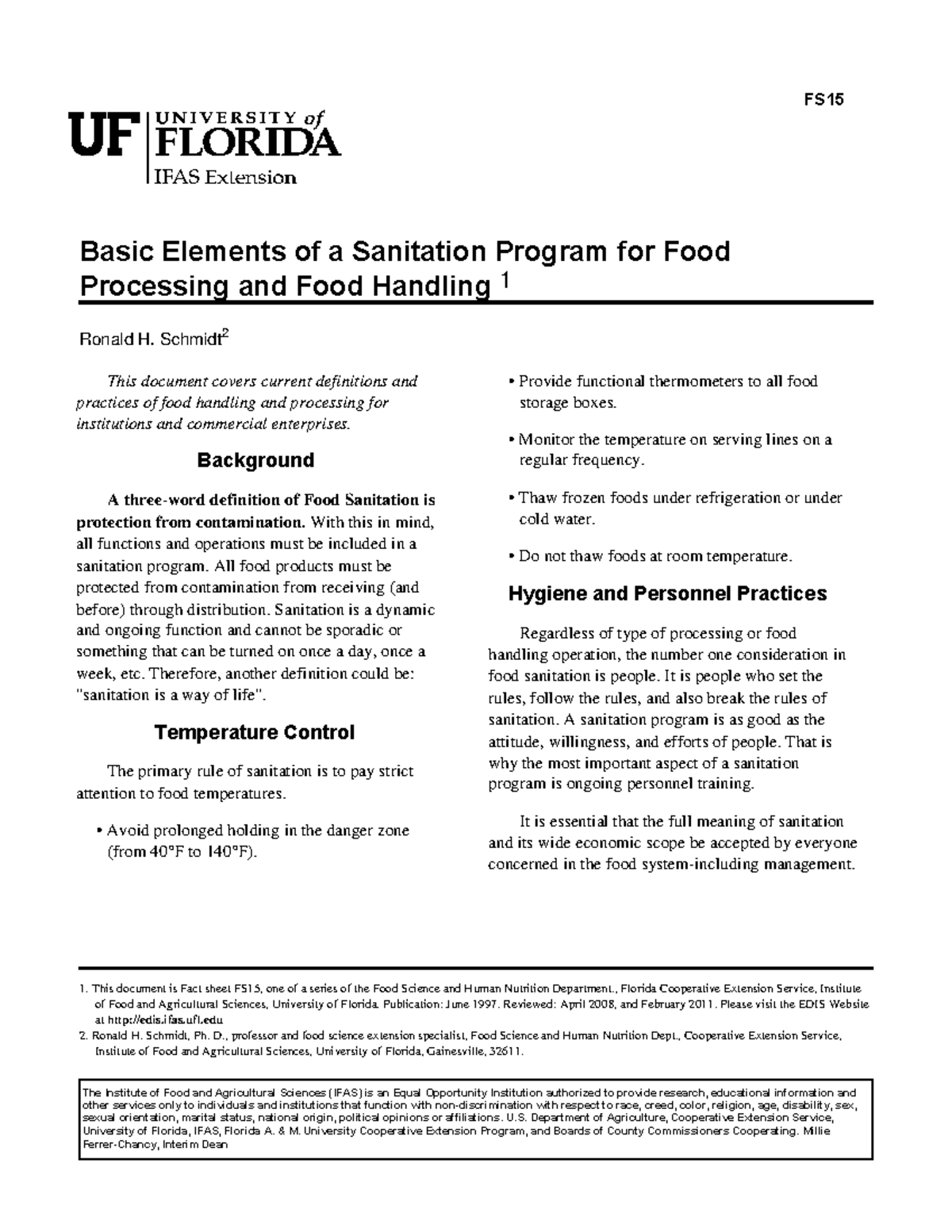 Basic elements of a sanitation program for food processing and food ...