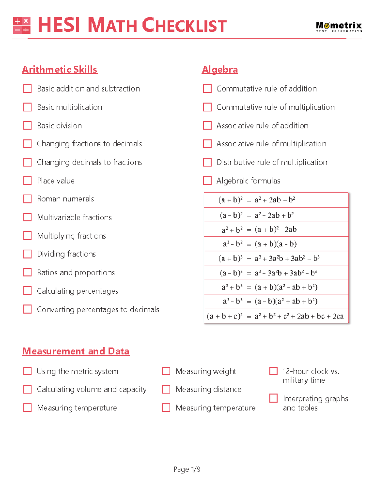 HESI-A2-Checklist - HESI M ATH C HECKLIST Arithmetic Skills Basic ...